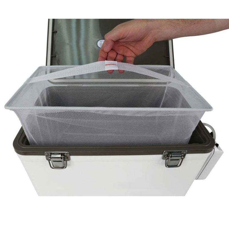 A person is opening an Engel Coolers Live Bait Cooler with a mesh Live Bait Cooler Net in it.