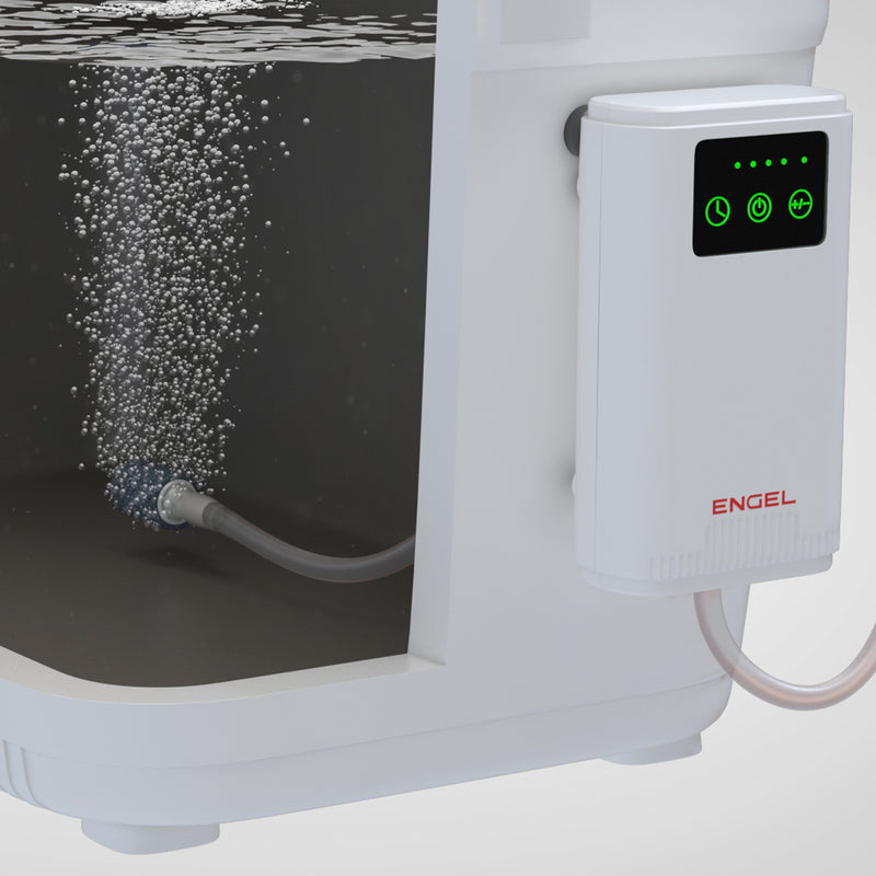 A white Engel Coolers water dispenser with a rechargeable Lithium-Ion water hose attached to it.