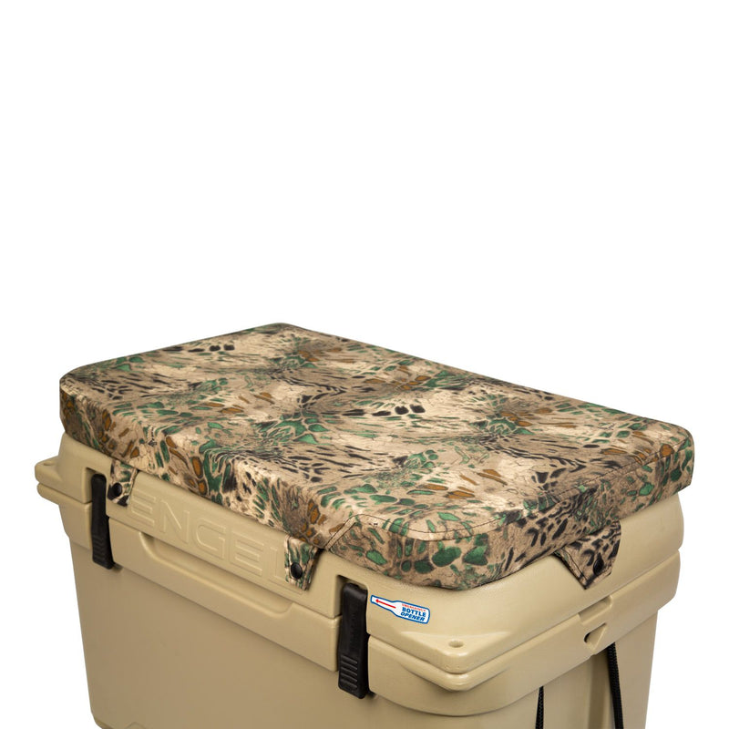 A cooler with an Engel Coolers Prym1 Multipurpose Camo Seat Cushion cover.