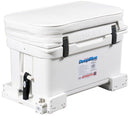 A white cooler with Engel Coolers Cooler Slides and a lid on it.