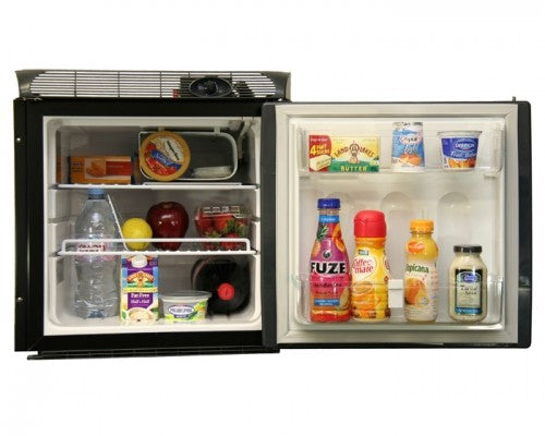 A small Engel SR70 Front Opening 12/24V DC - 110/120V AC Fridge-Freezer refrigerator with a lot of food in it.
