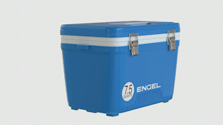 A blue Engel Coolers Drybox Shoulder Strap with the word Engel on it and a shoulder strap.
