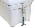 A white marine-grade Engel cooler with a Cooler & Freezer Tie Down Kit on it.
