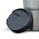 A stainless steel Engel Coolers Tumblers travel mug with a black screw-in Engel Tumbler Lid.