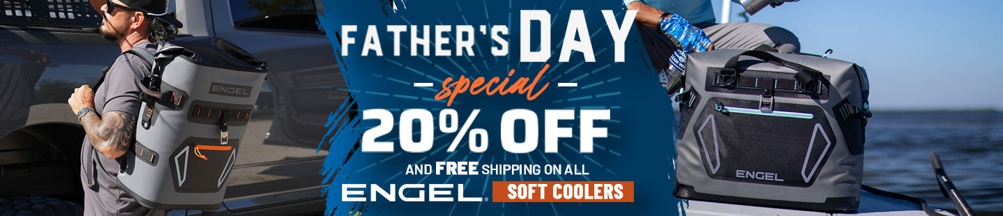 Promotional banner for early Black Friday sale showcasing three Engel soft coolers with a 20% discount and free shipping on purchases over $99.