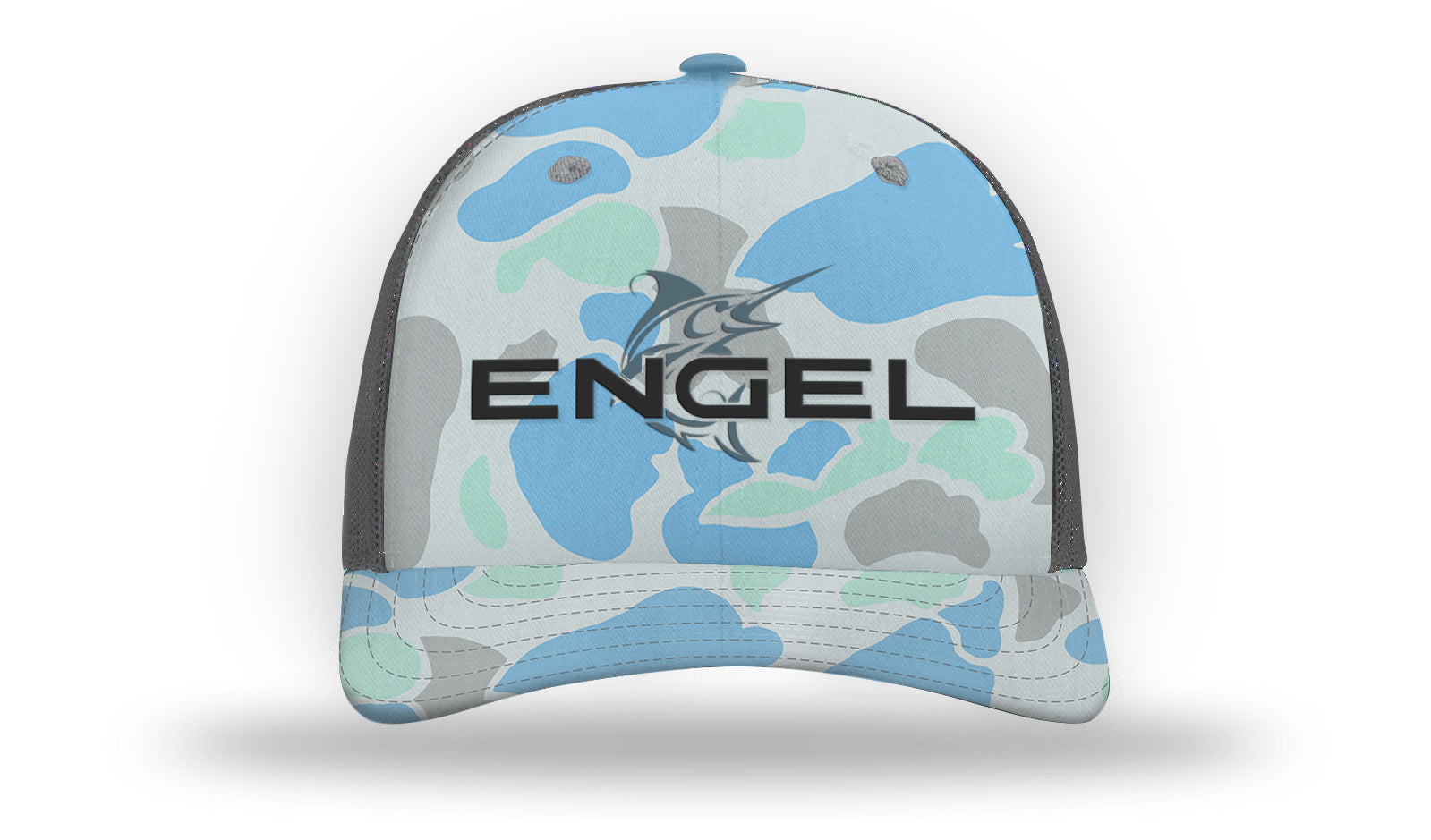 An Engel Saltwater Camo & Charcoal 112 Trucker Cap by Richardson® with Engel Logo on it.