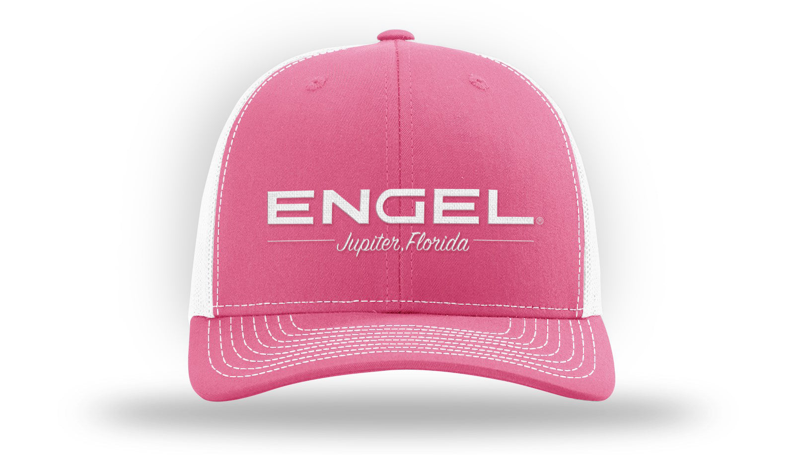 A pink and white Engel Columbia Hot Pink & White 112 Trucker Cap by Richardson® with the Engel Embroidered Logo on it.