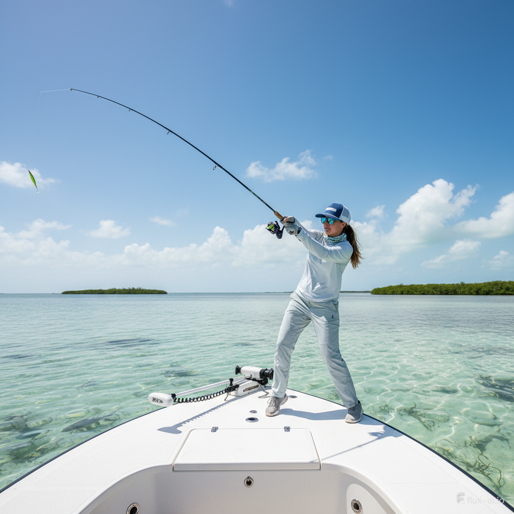 Fishing from a boat in clear, shallow water under a sunny sky, a person wears the Engel Coolers 1010 Performance Trucker Cap in blue with white logo, enjoying its moisture-wicking comfort throughout the day.