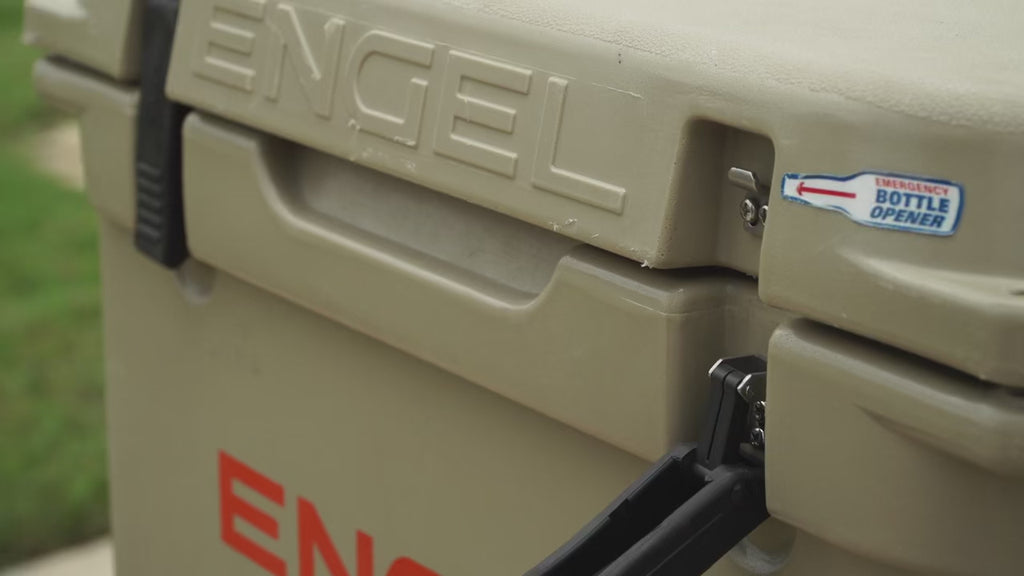 A durable, tan Engel 35 High Performance Hard Cooler and Ice Box with the word Engel Coolers on it.