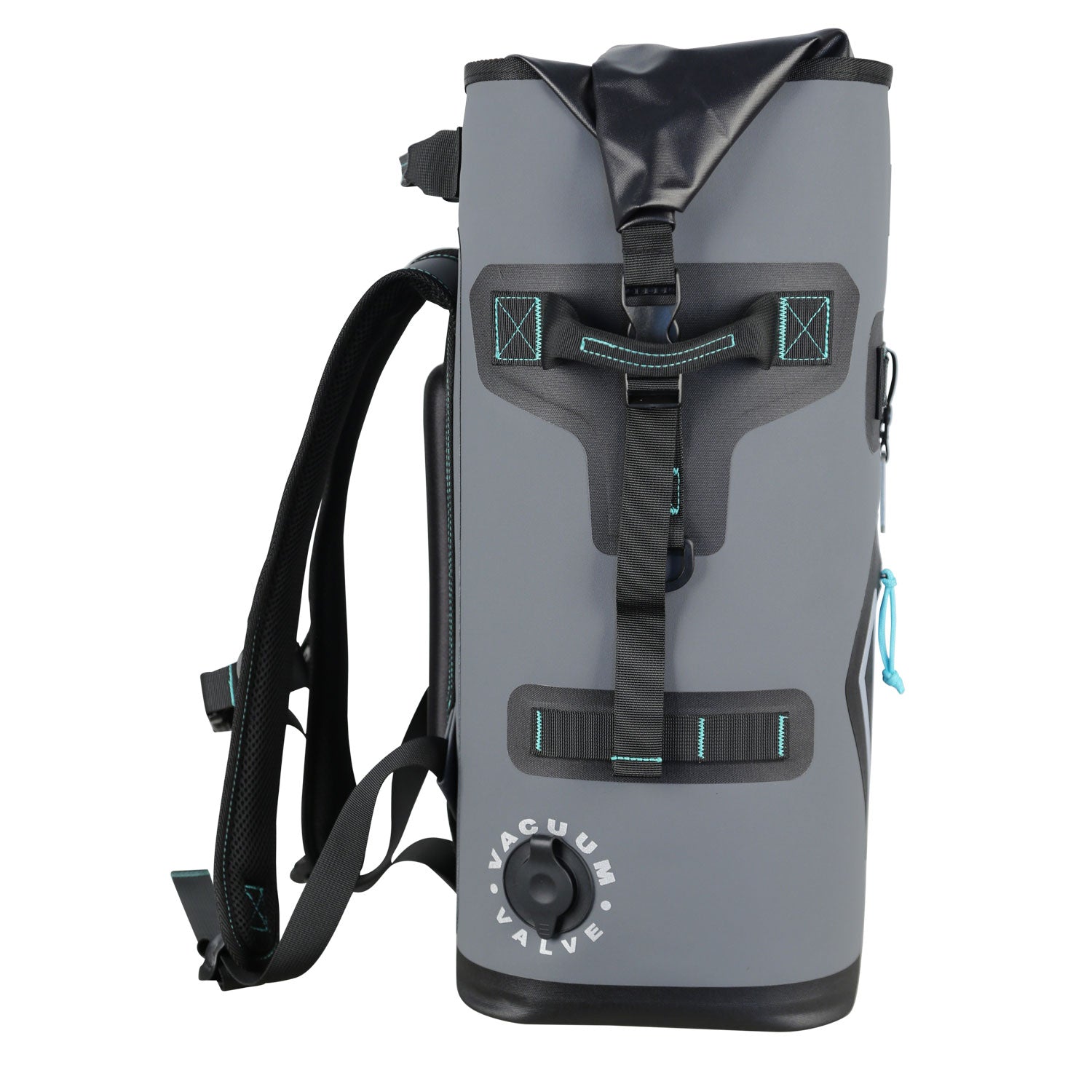 The Engel Roll Top High Performance Backpack Cooler by Engel Coolers is a gray cooler backpack featuring black straps, welded seams, thermal insulation, a vacuum valve, and multiple pockets for essentials.