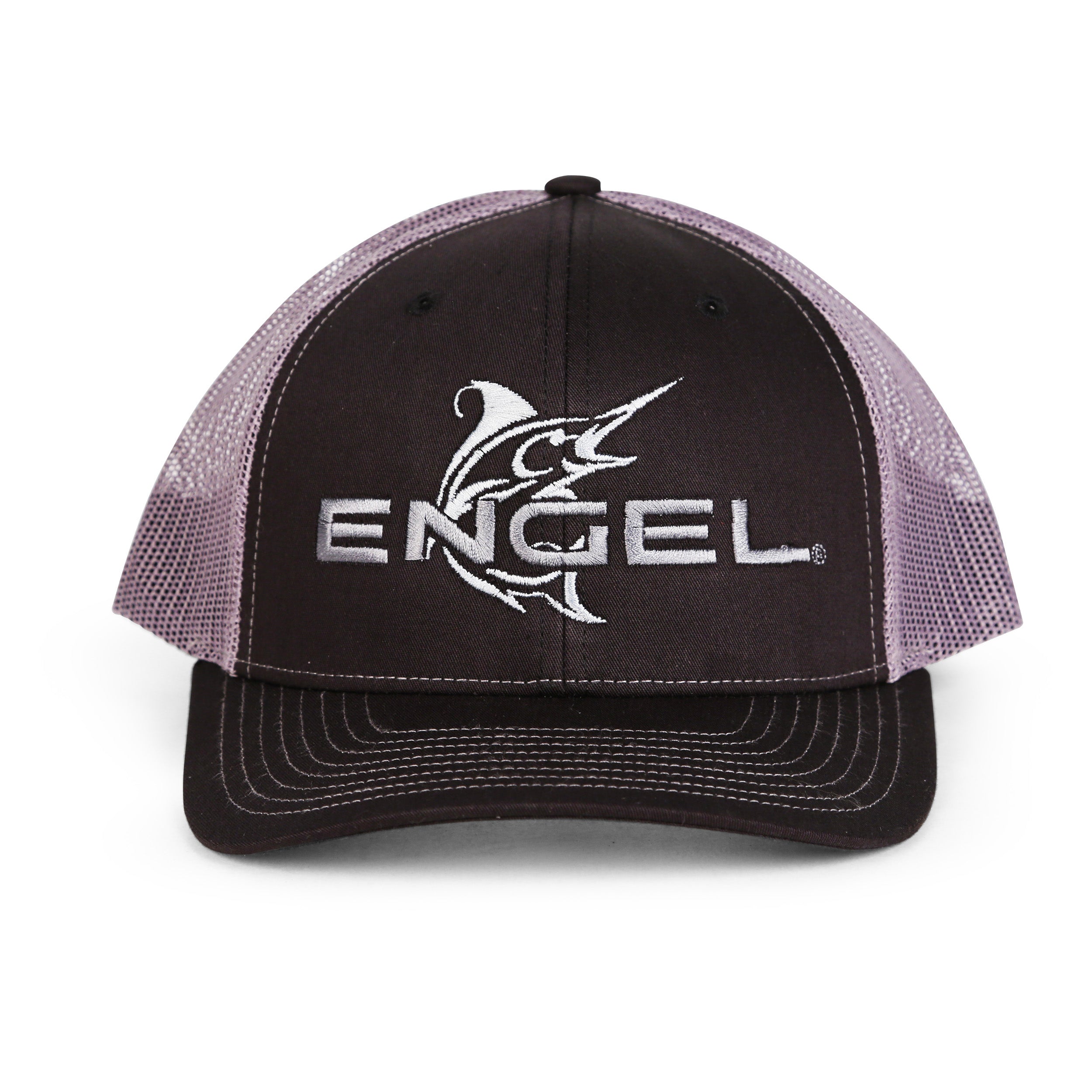 A black and purple Richardson Engel Black & Charcoal 112 Trucker Cap with the Engel Embroidered Sailfish logo on it.