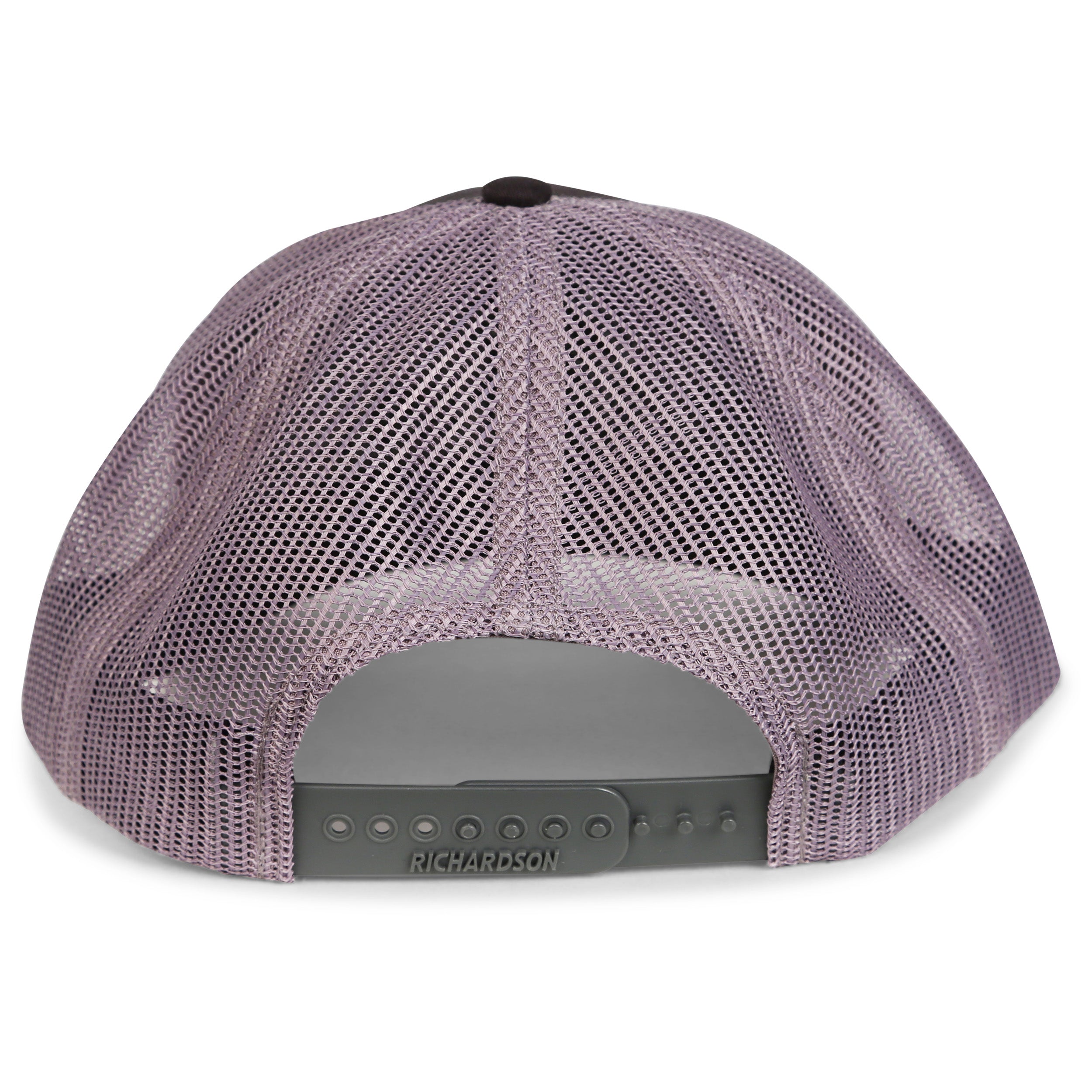 The back view of a purple mesh Engel Black & Charcoal 112 Trucker Cap by Richardson® with a snapback closure.