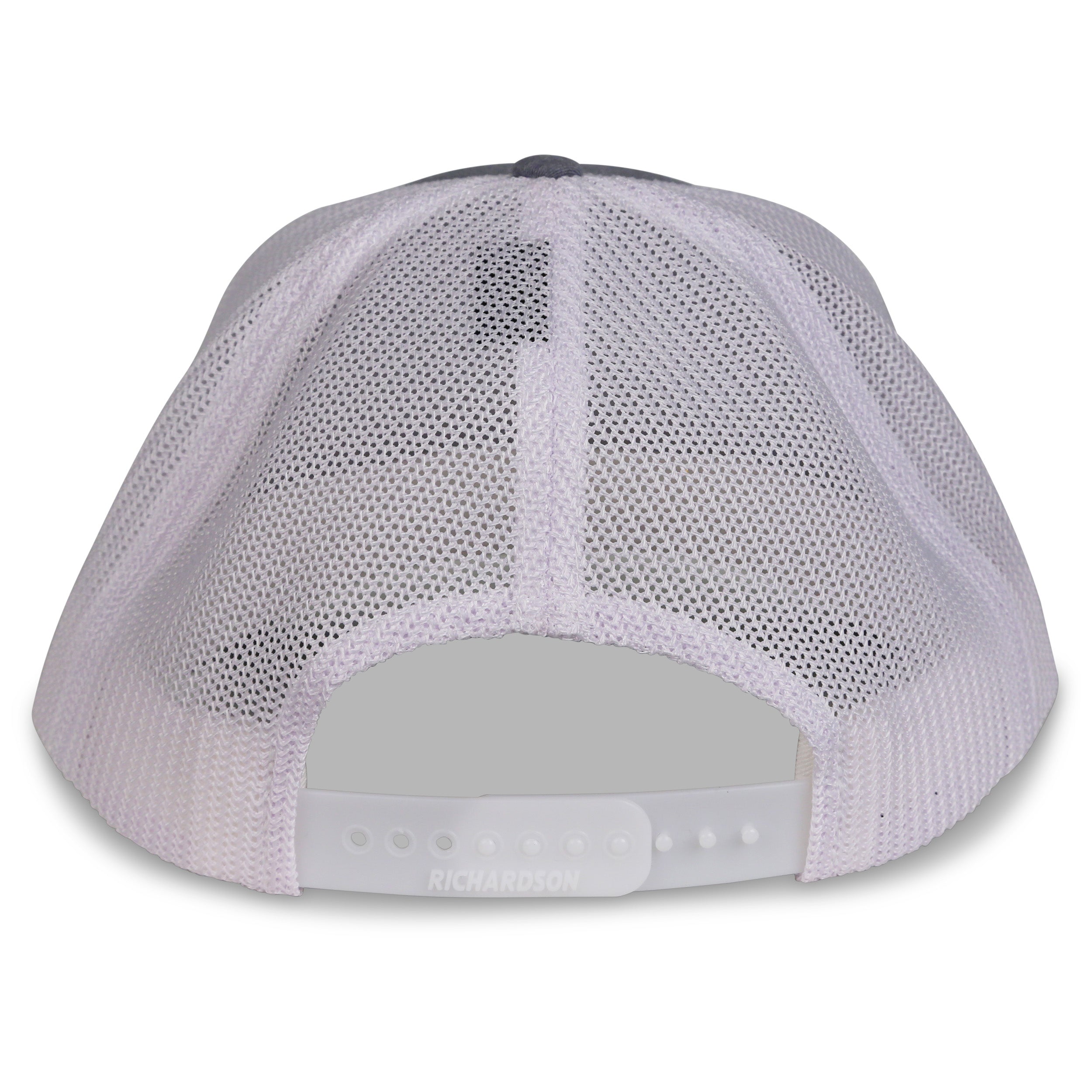 A white Engel Heather Grey & White 112 Trucker Cap by Richardson® with a snapback closure and a white back.