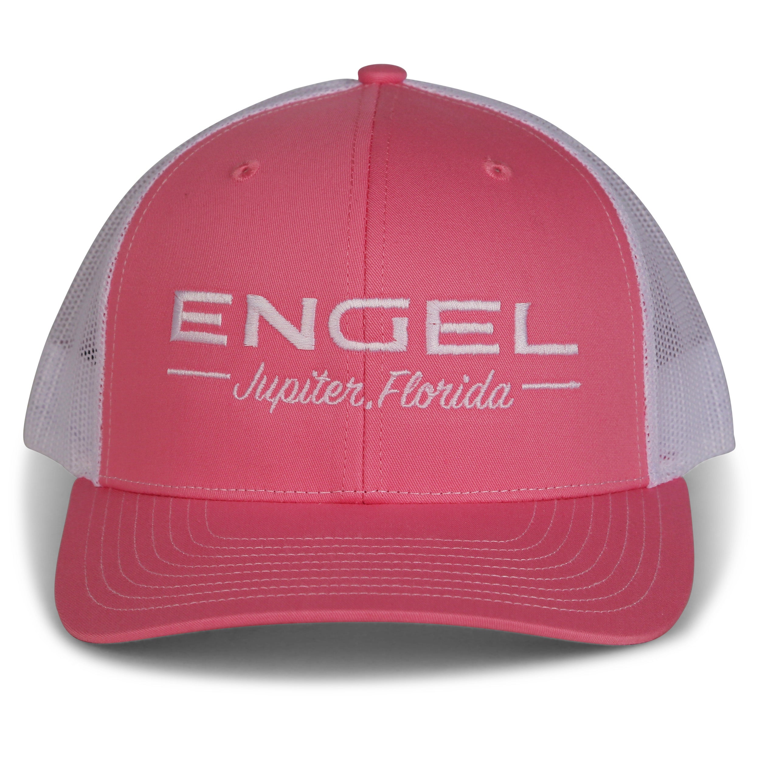 A pink and white Engel Columbia Hot Pink & White 112 Trucker Cap by Richardson® with the Engel Embroidered Logo on it.