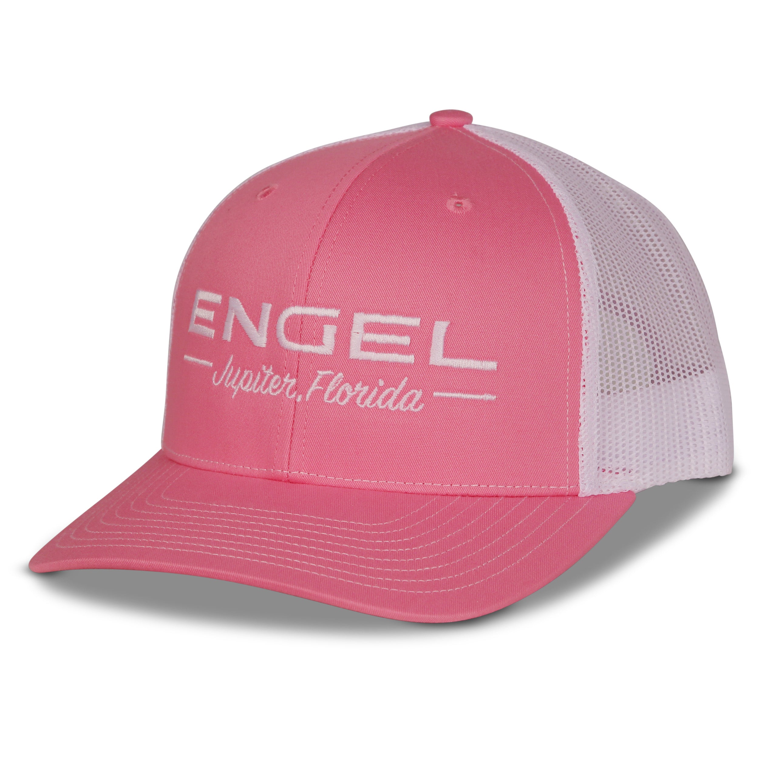 A pink and white Engel Columbia Hot Pink & White 112 Trucker Cap by Richardson® with the Engel Embroidered Logo on it.