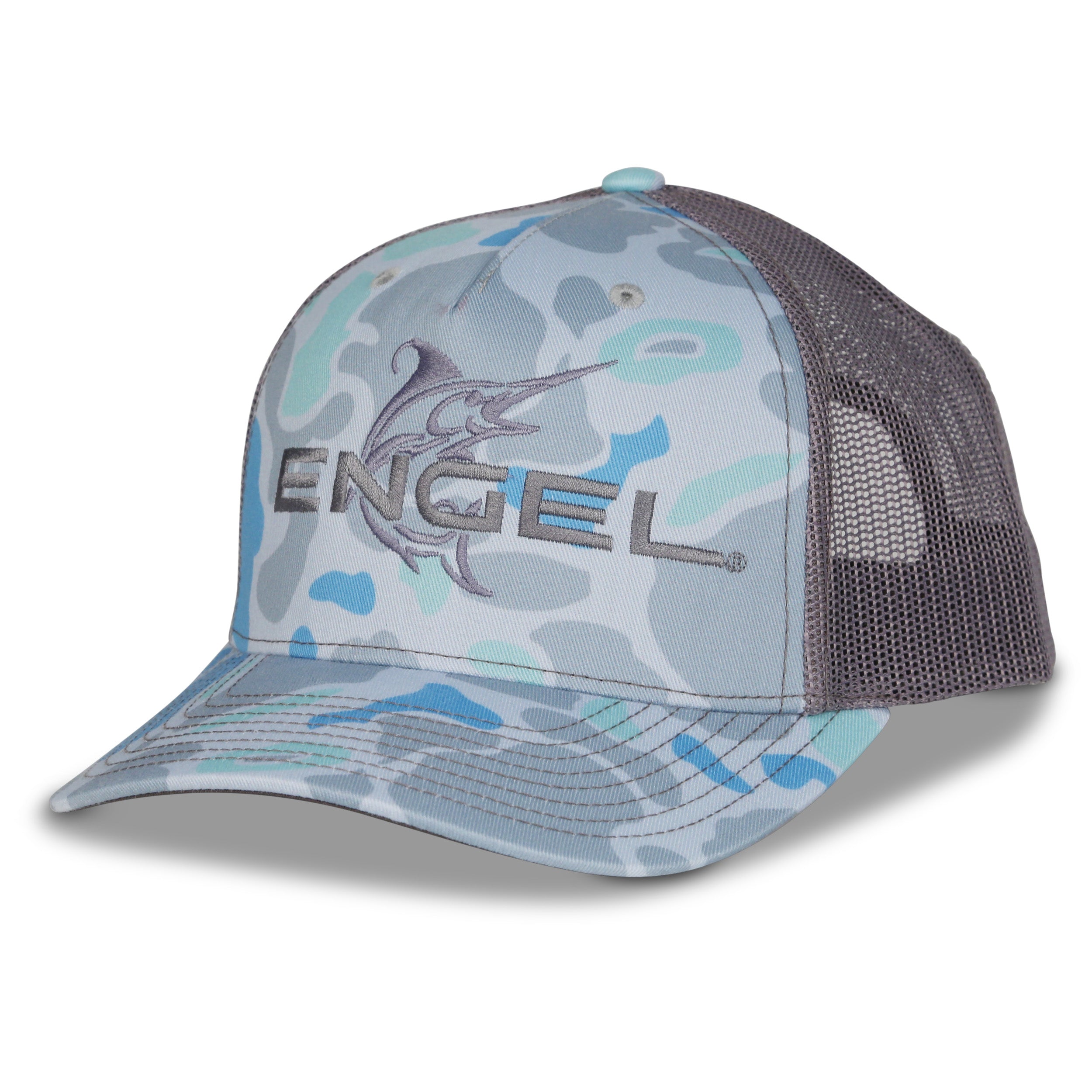 A Richardson Engel Saltwater Camo & Charcoal 112 Trucker Cap with an Engel Sailfish Logo, perfect for fishermen.