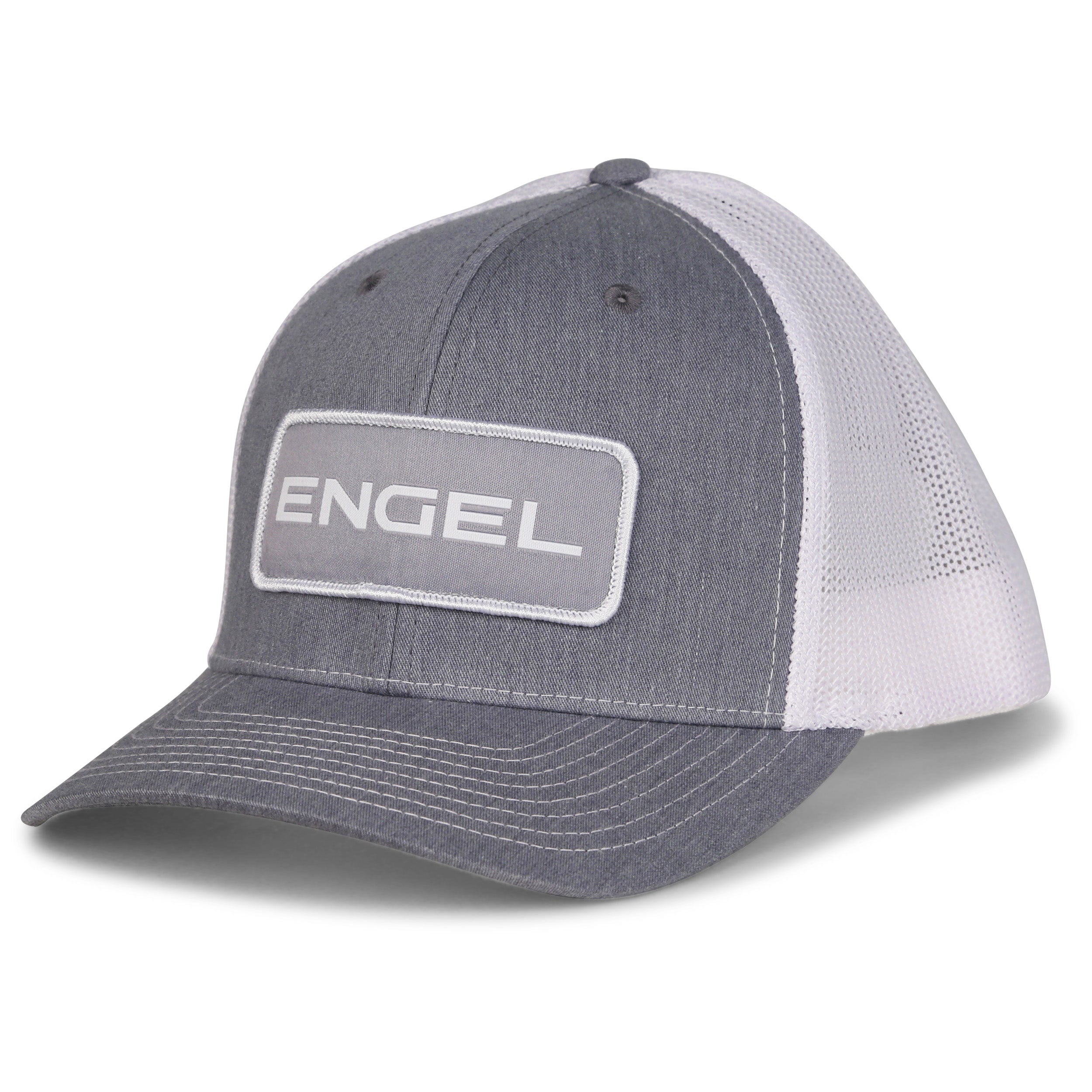 A grey and white Engel Heather Grey & White 112 Trucker Cap by Richardson® with a snapback closure.