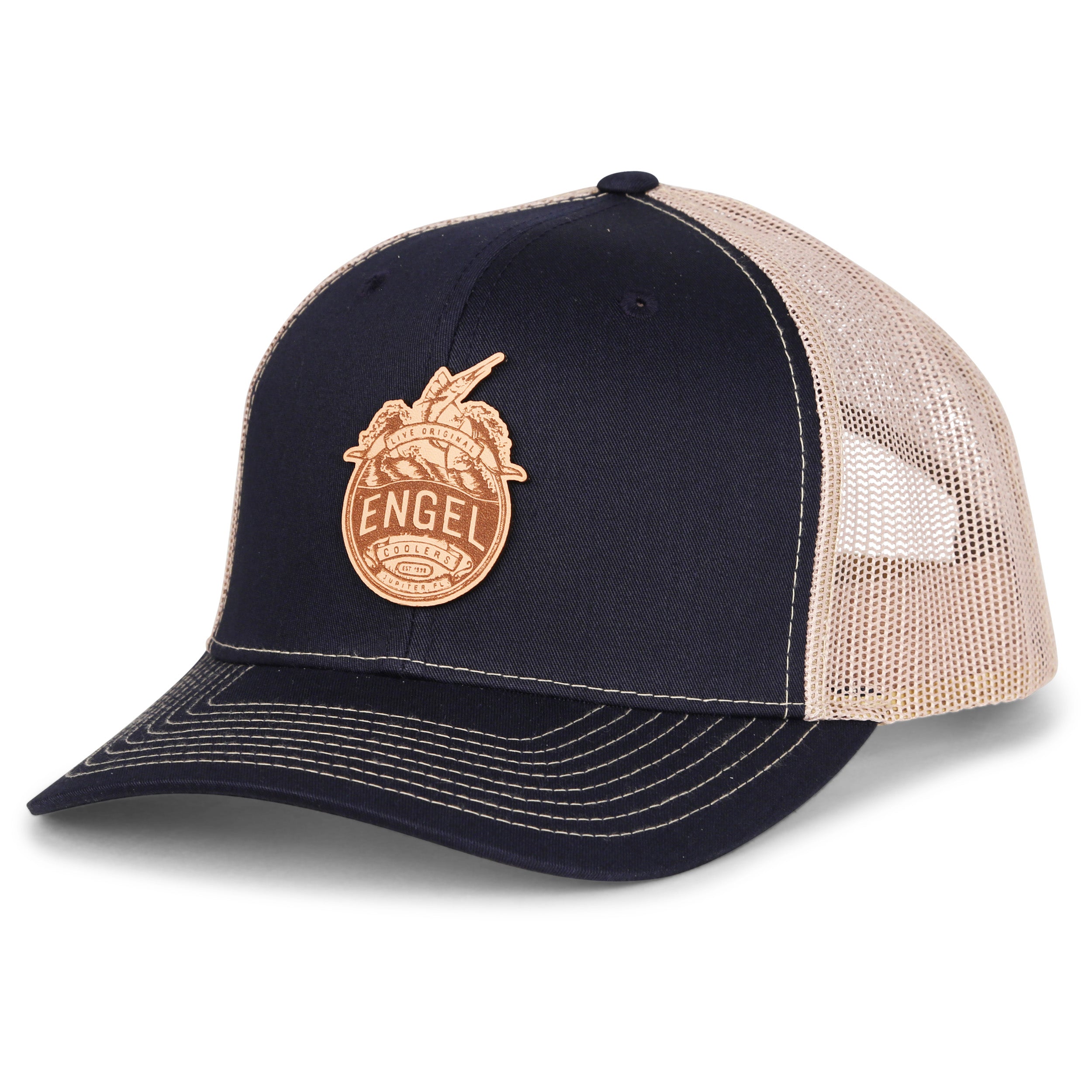 A navy and tan Engel Columbia Navy & Khaki 112 Trucker Cap by Richardson® with the word "eagle" on it and a snapback closure.