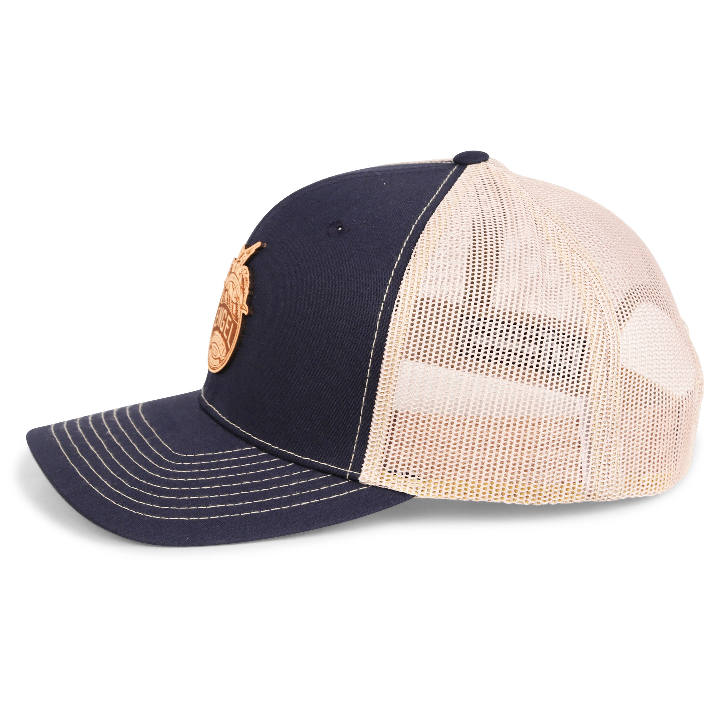 A blue and white hat with a Snapback closure like the Engel Columbia Navy & Khaki 112 Trucker Cap by Richardson®.