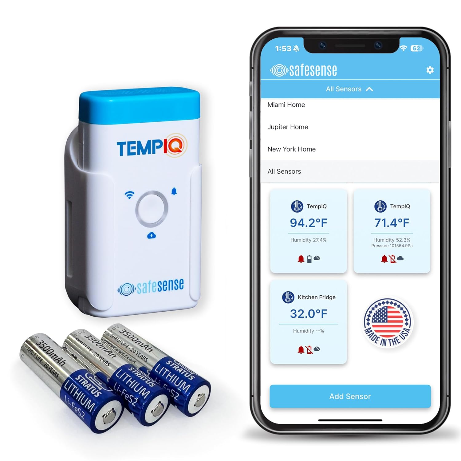 A SafeSense TempIQ Temperature & Humidity Sensor, powered by three lithium AA batteries, paired with a smartphone running the SafeSense app for remote monitoring of sensor temperature and humidity readings.