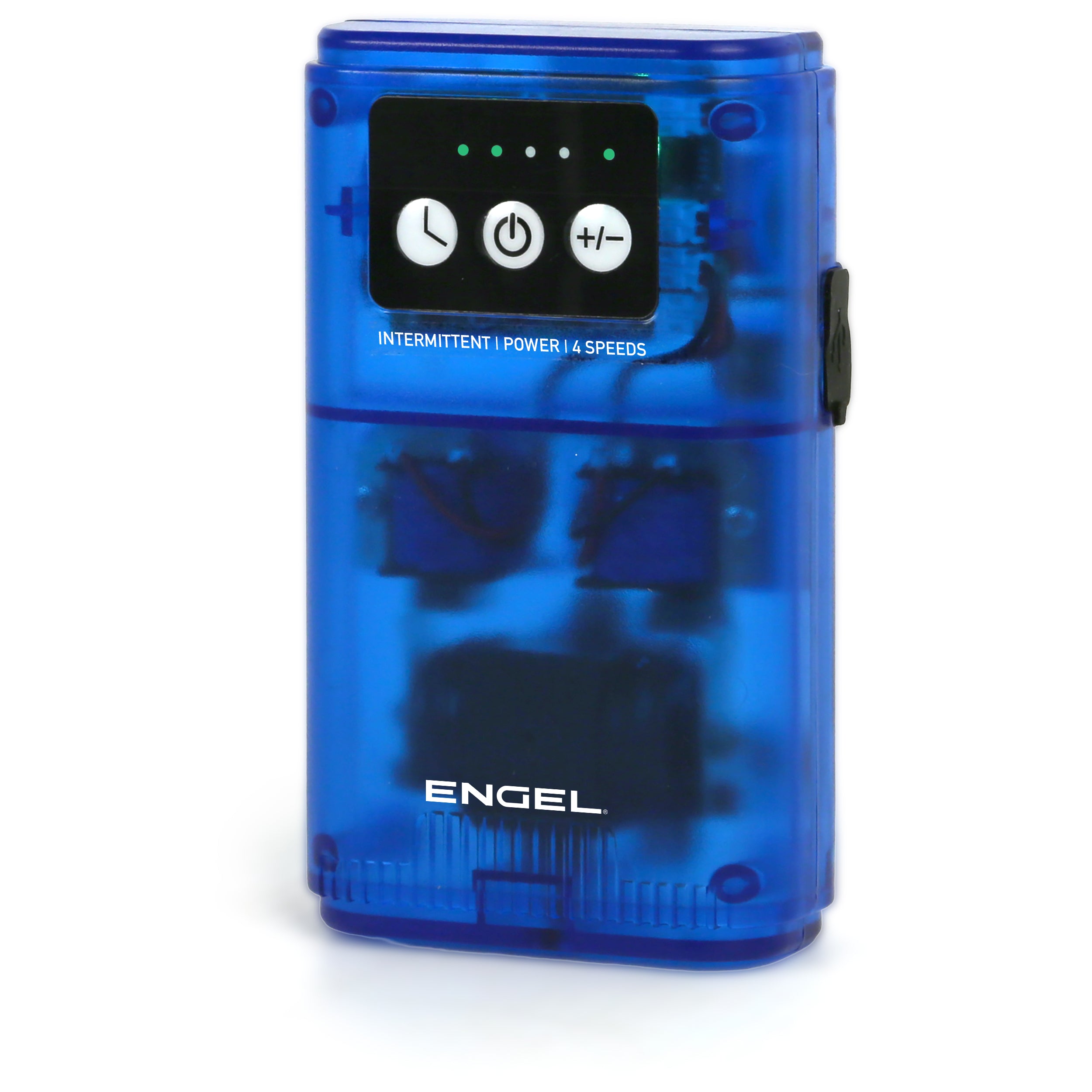 The Engel Lithium-ion Rechargeable Live Bait Aerator Pump by Engel Coolers is a blue device with a digital display, three control buttons, indicator lights, intermittent power, and four speeds—a quiet bubbler for live bait.