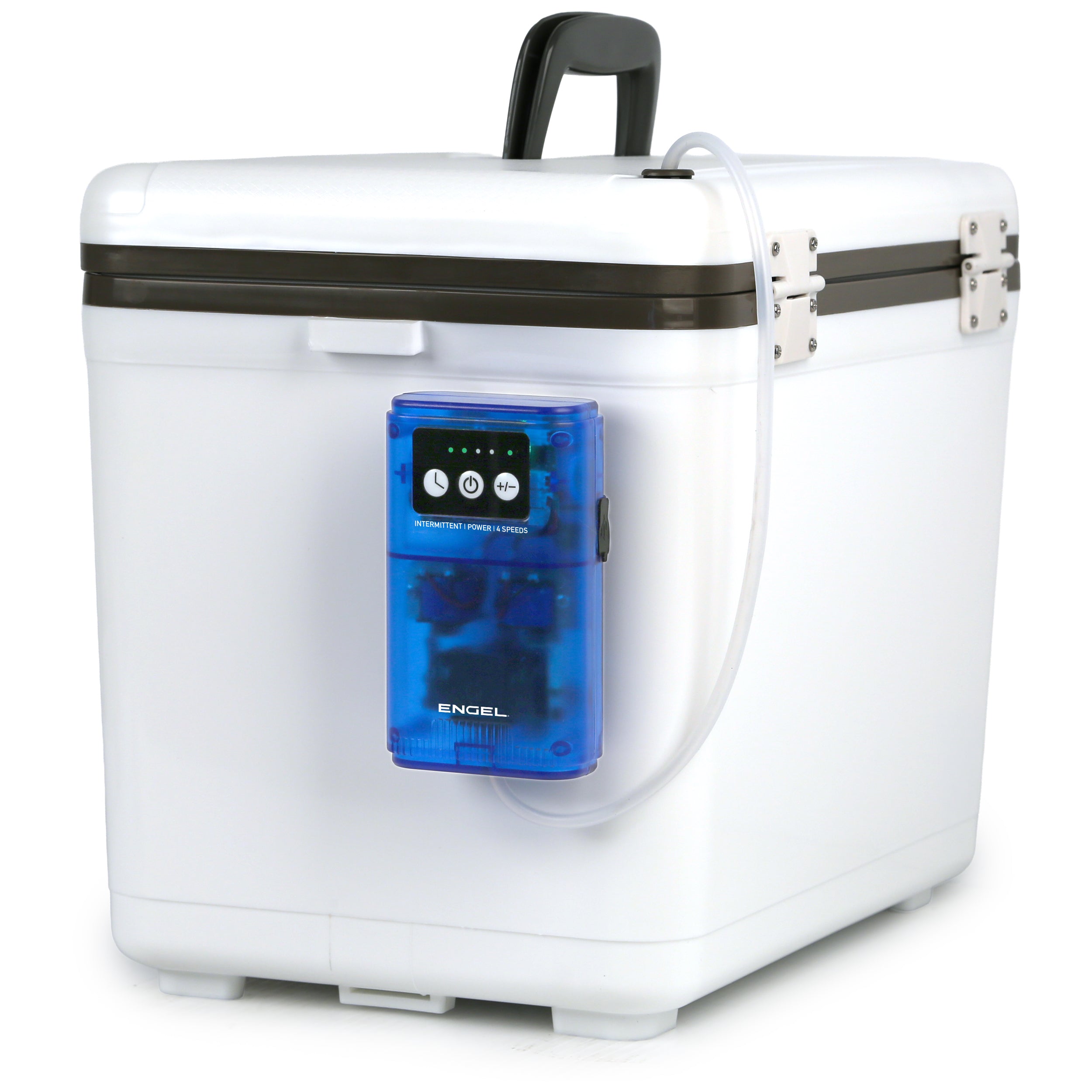 The Engel Coolers portable white cooler features a black handle, blue control unit, clear side tube, and the Engel Lithium-ion Rechargeable Live Bait Aerator Pump for quiet, efficient bait aeration.