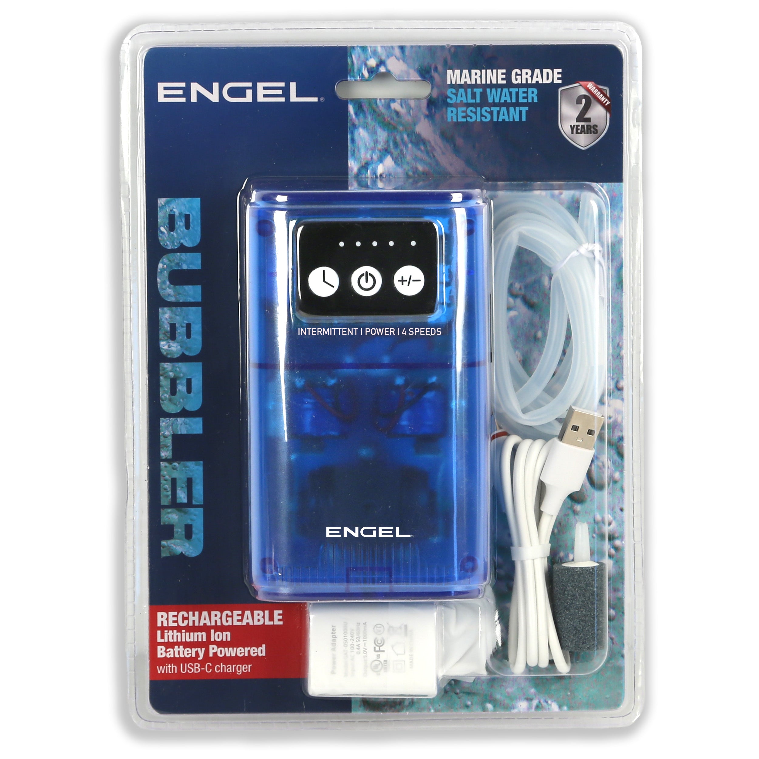 The Engel Coolers Lithium-ion Rechargeable Live Bait Aerator Pump is a marine-grade, saltwater-resistant unit with USB-C charging, air stone, and hose for quiet operation. Includes bubbler and charger in retail packaging.
