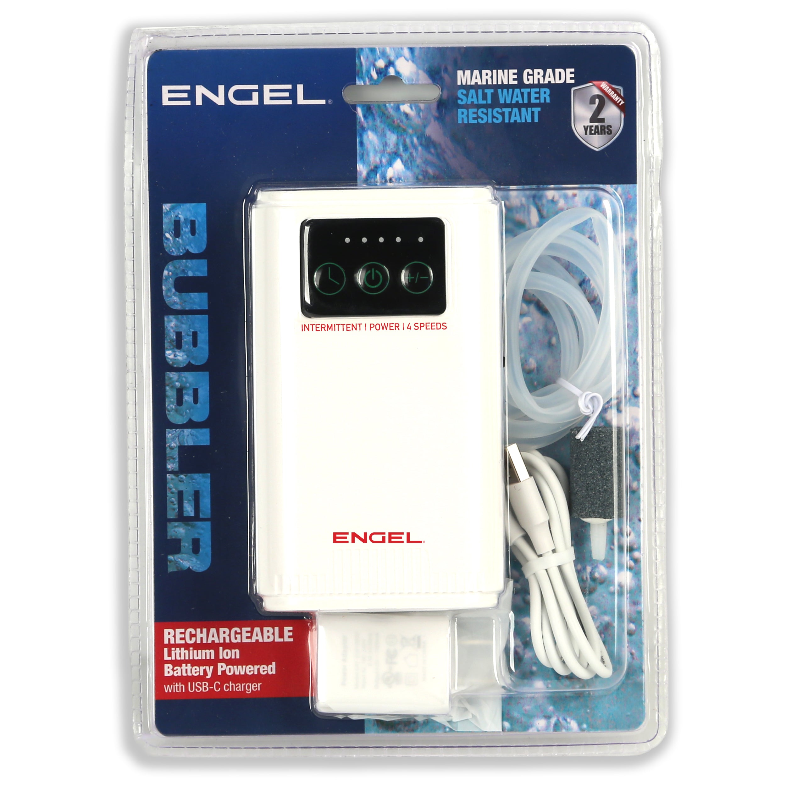 The Engel Coolers Lithium-ion Rechargeable Live Bait Aerator Pump includes a USB-C charger, tubing, and stone in retail packaging; it’s marine grade, salt water resistant, ultra-quiet, and comes with a 2-year warranty.