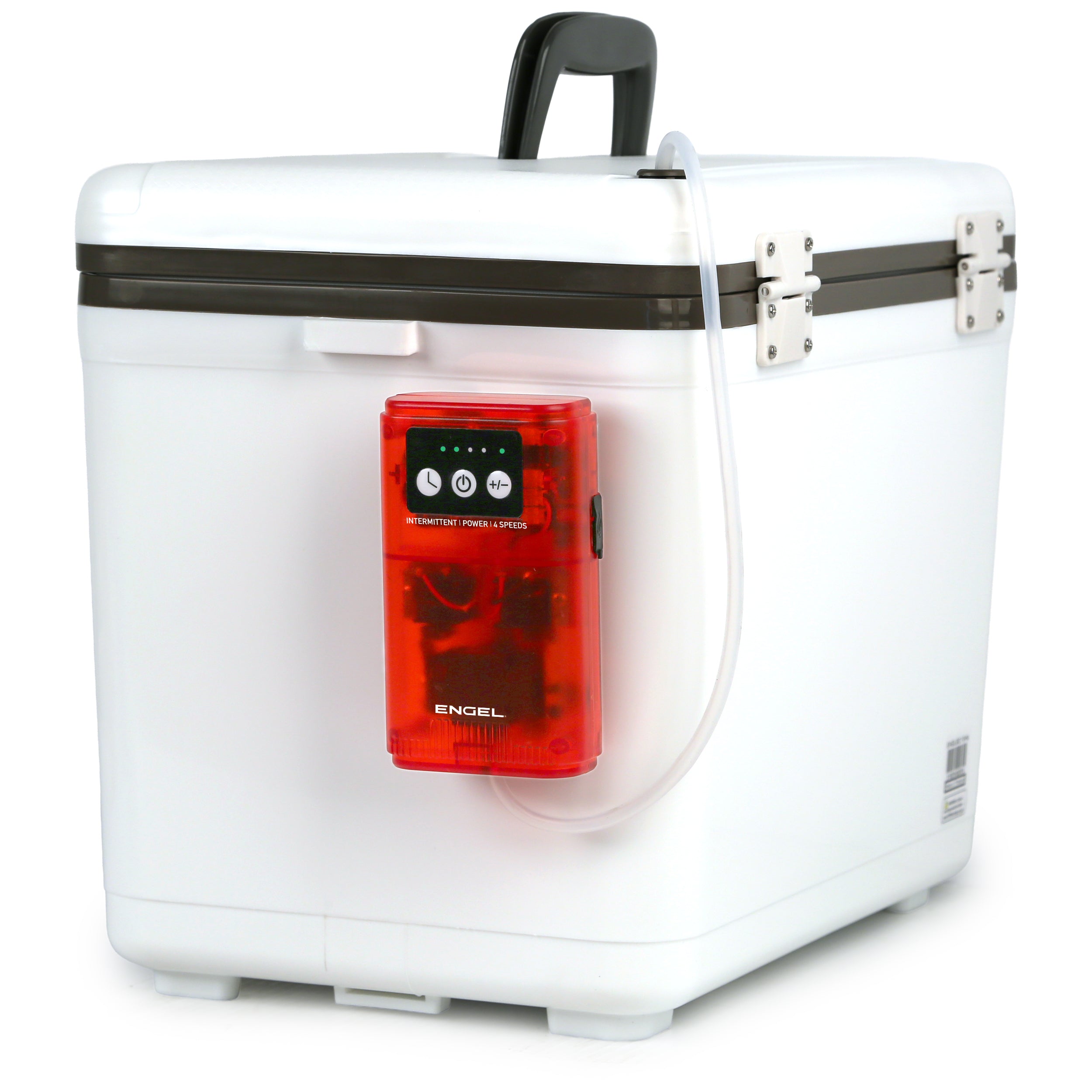 A white portable Engel Coolers cooler with a handle and metal latches, featuring the Engel Lithium-ion Rechargeable Live Bait Aerator Pump—an ultra-quiet pump with a clear tube for maximum bait freshness.