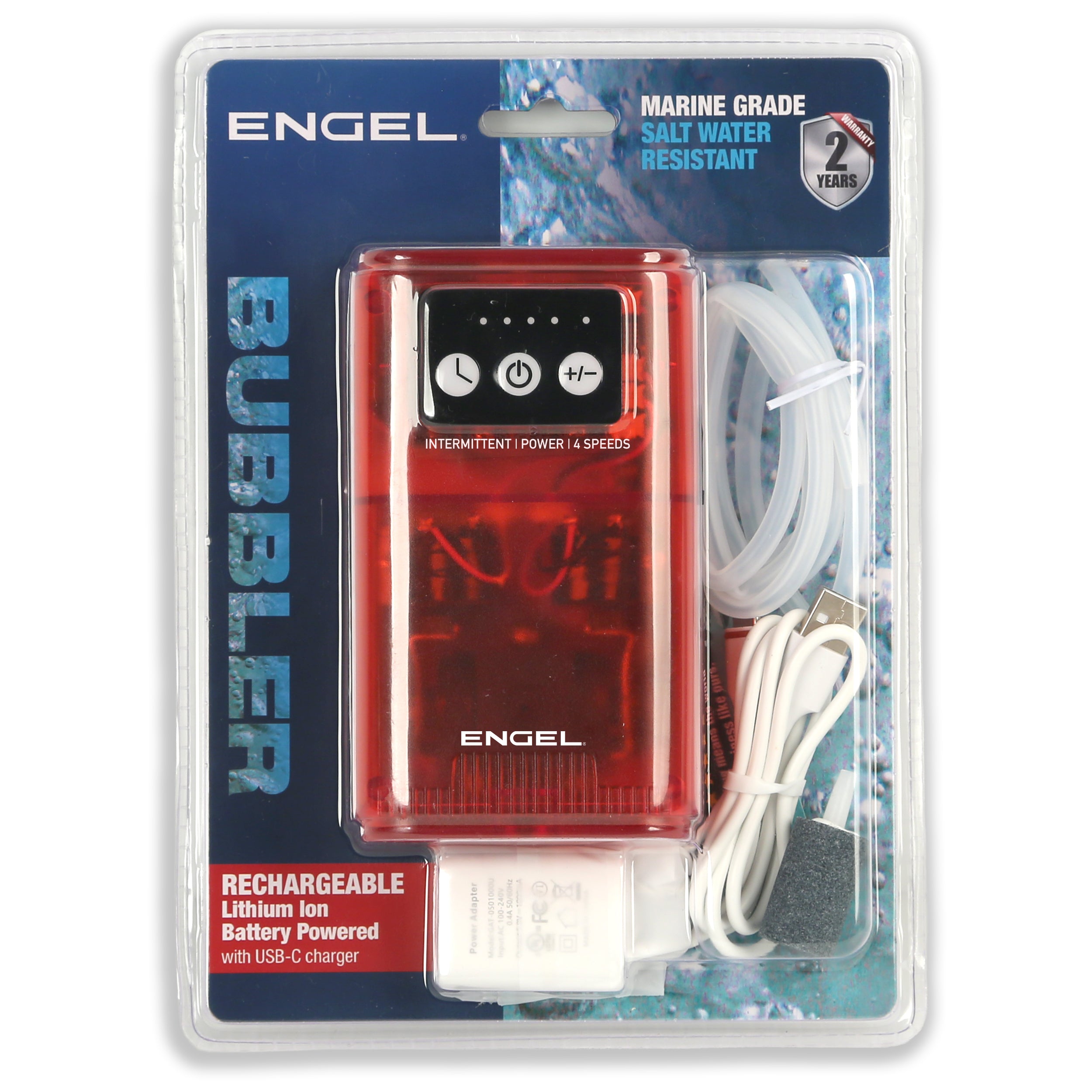 The Engel Coolers Lithium-ion Rechargeable Live Bait Aerator Pump comes in retail packaging with a USB charger, air tubing, air stone, and control buttons. It's marine grade, saltwater resistant, and among the quietest bait pumps available.