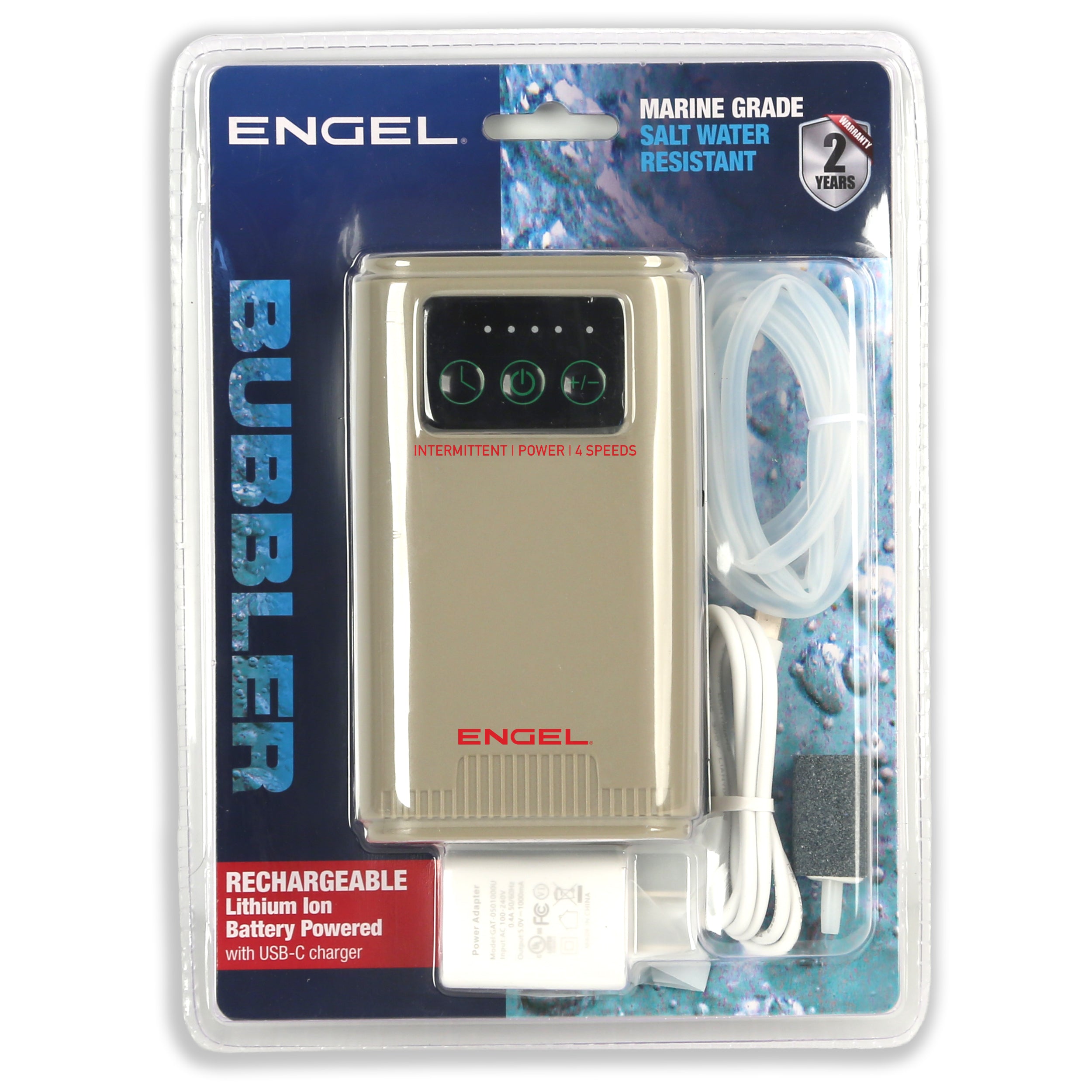 The Engel Coolers Lithium-ion Rechargeable Live Bait Aerator Pump comes in retail packaging with a USB-C charger, tubing, air stone, and features marine grade, salt water resistance, 2-year warranty—one of the quietest bait pumps available.