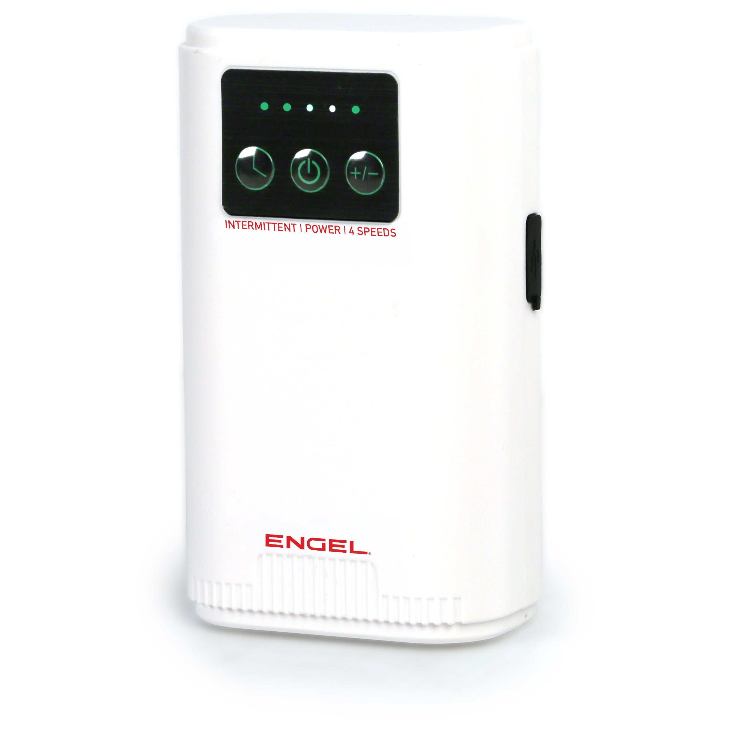 The Engel Coolers Lithium-ion Rechargeable Live Bait Aerator Pump is a white bait bubbler with a black control panel featuring four green-lit buttons labeled "INTERMITTENT | POWER | 4 SPEEDS" for convenient live bait aeration.