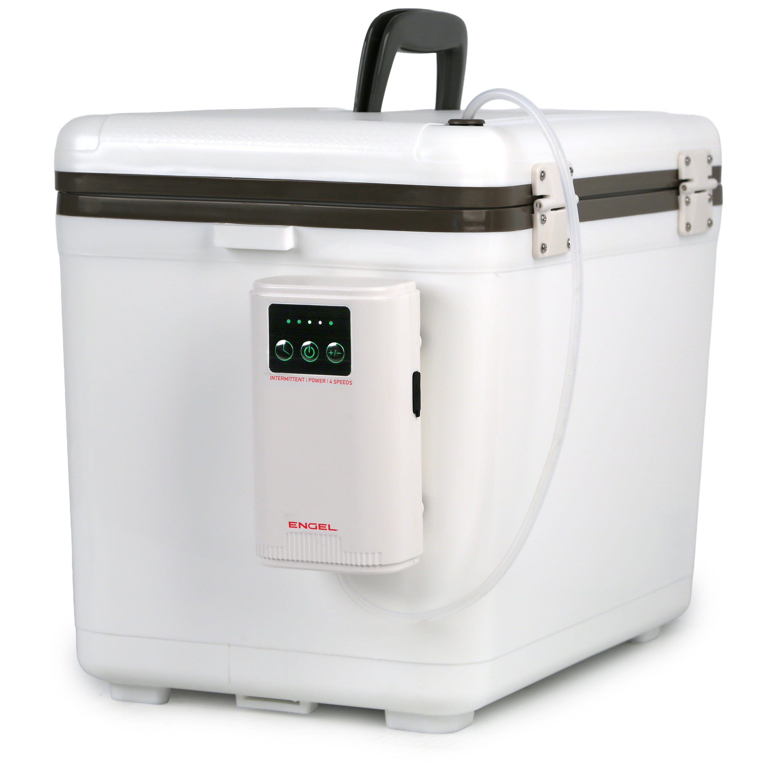 The Engel Coolers Lithium-ion Rechargeable Live Bait Aerator Pump is a portable white box with a black handle, digital control unit, and built-in lithium-ion aerator pump to keep your bait fresh and lively wherever you go.