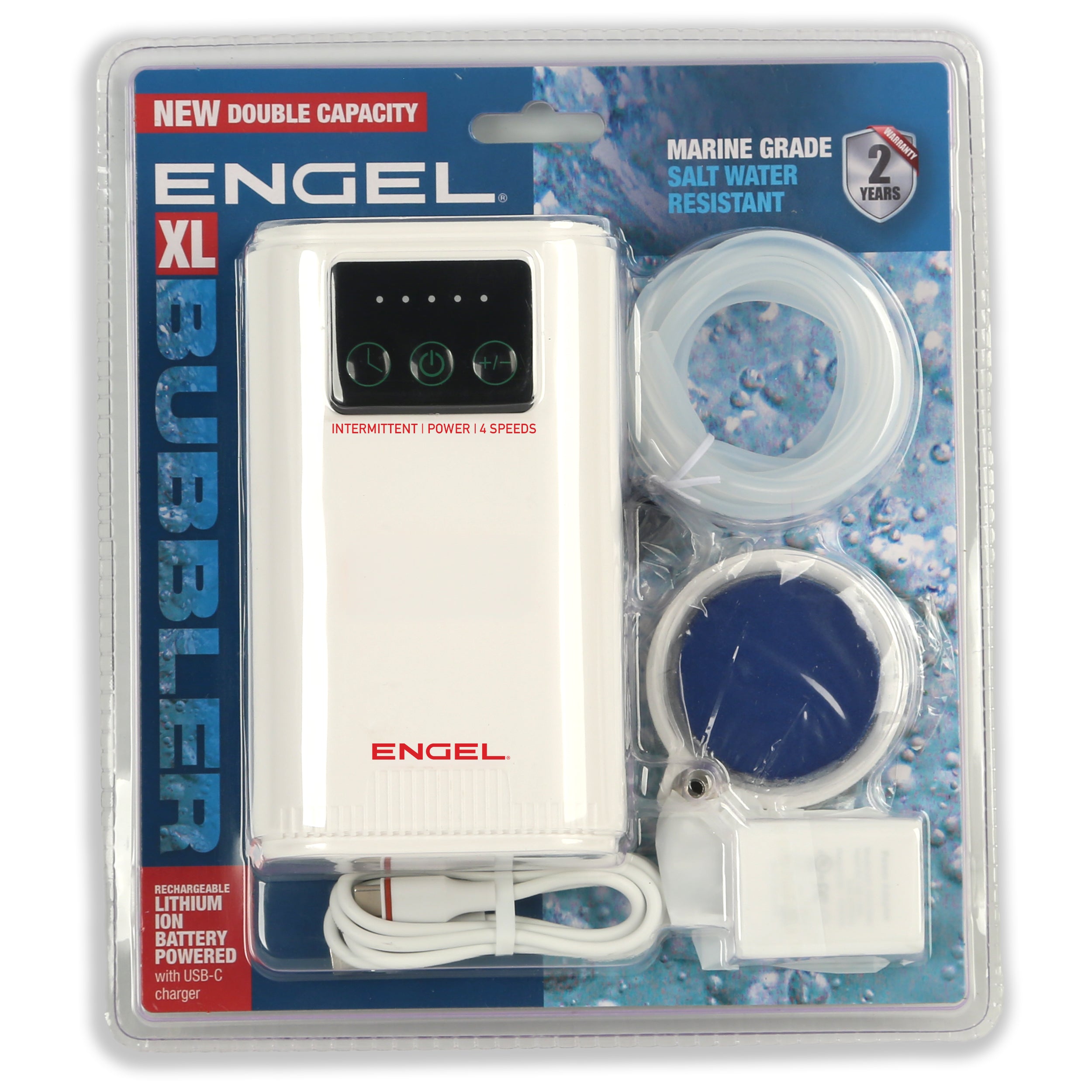 The Engel Coolers Extra Large Lithium-ion Rechargeable Live Bait Aerator Pump comes in retail packaging with main unit, tubing, air stone, and USB-C charger; it offers double capacity, saltwater resistance, and a rechargeable lithium-ion battery.