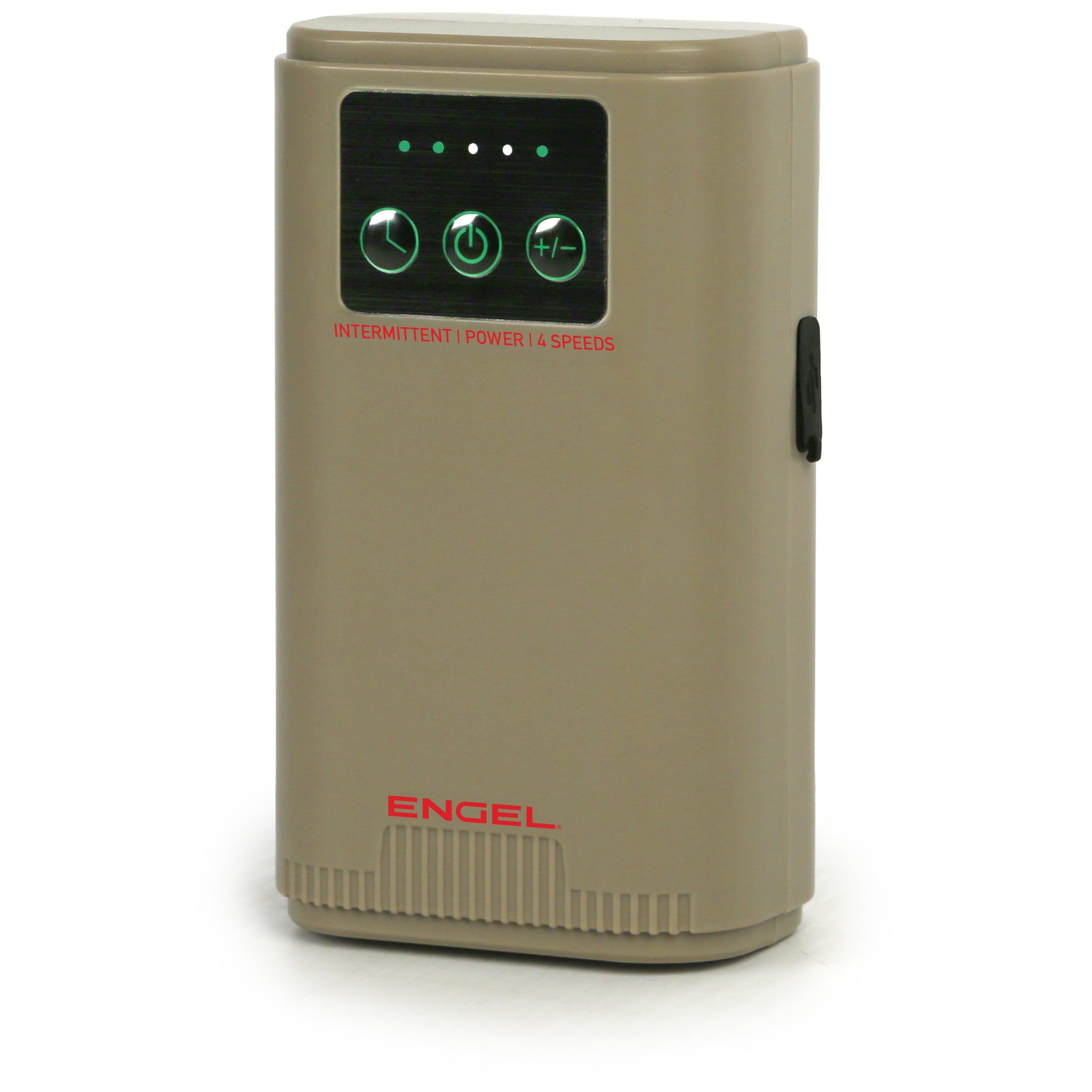 The Engel Coolers Extra Large Lithium-ion Rechargeable Live Bait Aerator Pump features a digital display and labeled buttons on a beige rectangular body, providing optimal performance as an extra-large bait bubbler.