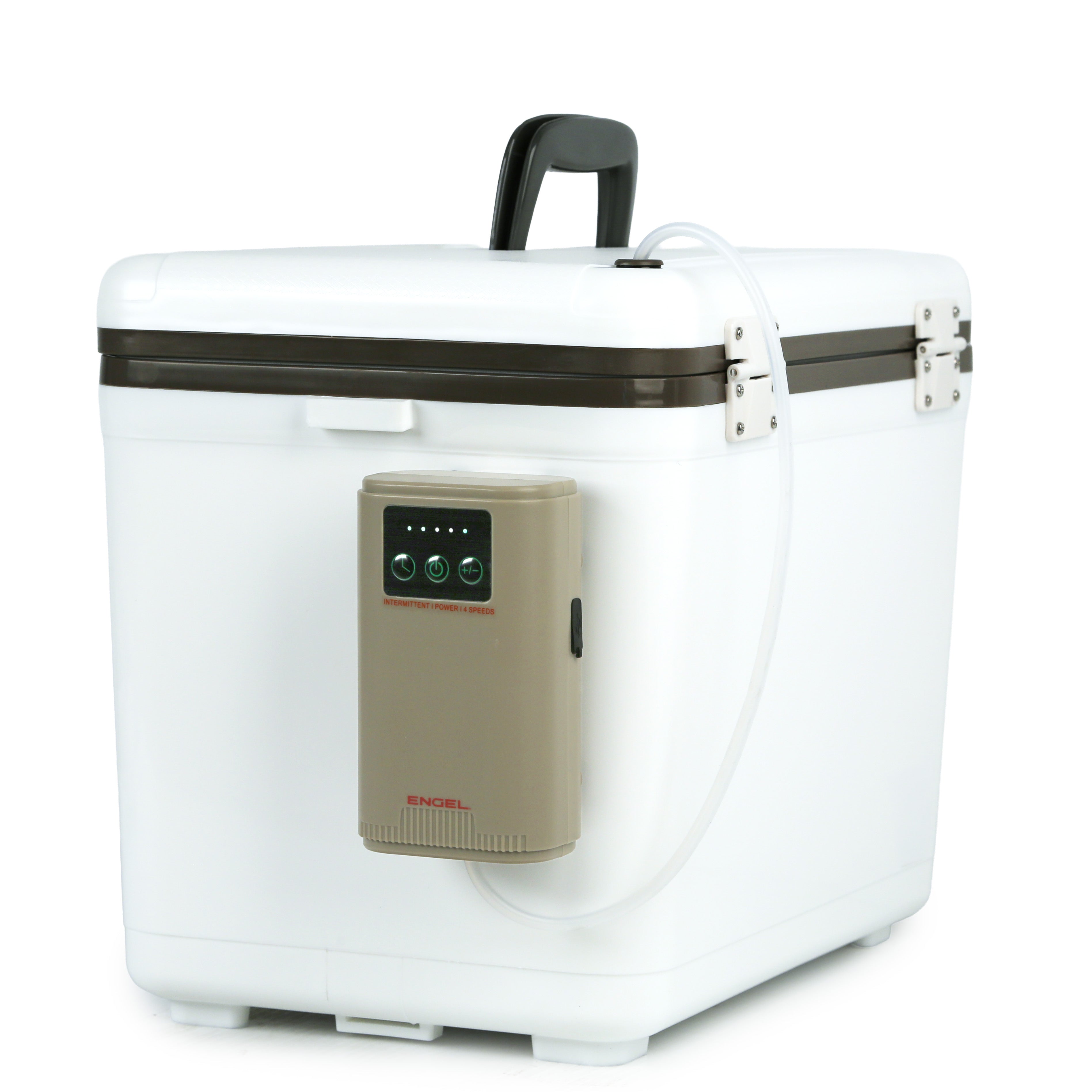 The Engel Coolers Engel Lithium-ion Rechargeable Live Bait Aerator Pump is a white portable cooler with a black handle, beige electronic control unit, and a quiet bait aerator to keep your live bait fresh on the go.