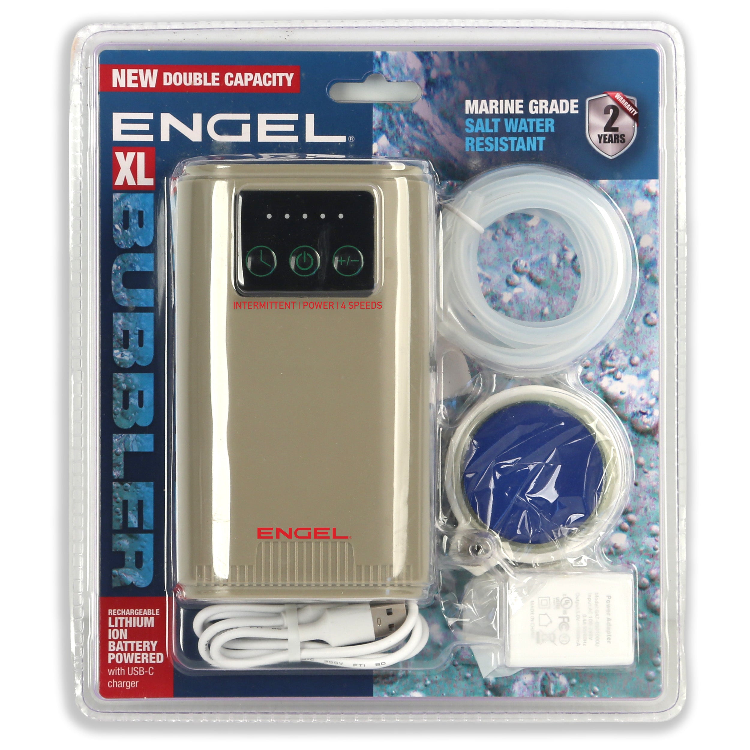 The Engel Coolers Extra Large Lithium-ion Rechargeable Live Bait Aerator Pump comes in retail packaging with a gold device, charging cable, air tubing, and airstone. Text highlights its lithium-ion battery and marine-grade durability.