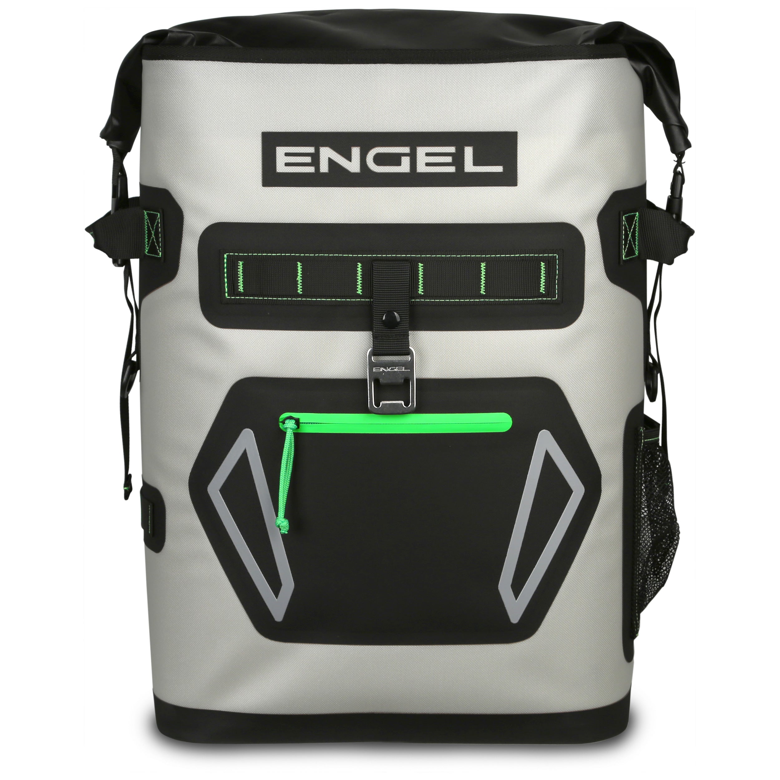 The Engel Roll Top High Performance Backpack Cooler by Engel Coolers features thermal insulation, welded seams, a gray and black design with green accents, top roll closure, front zip pocket, and side mesh pocket for easy portability.