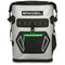 A gray New ENGEL Roll Top High Performance Backpack Cooler with a front latch and neon green accents by Engel Coolers.