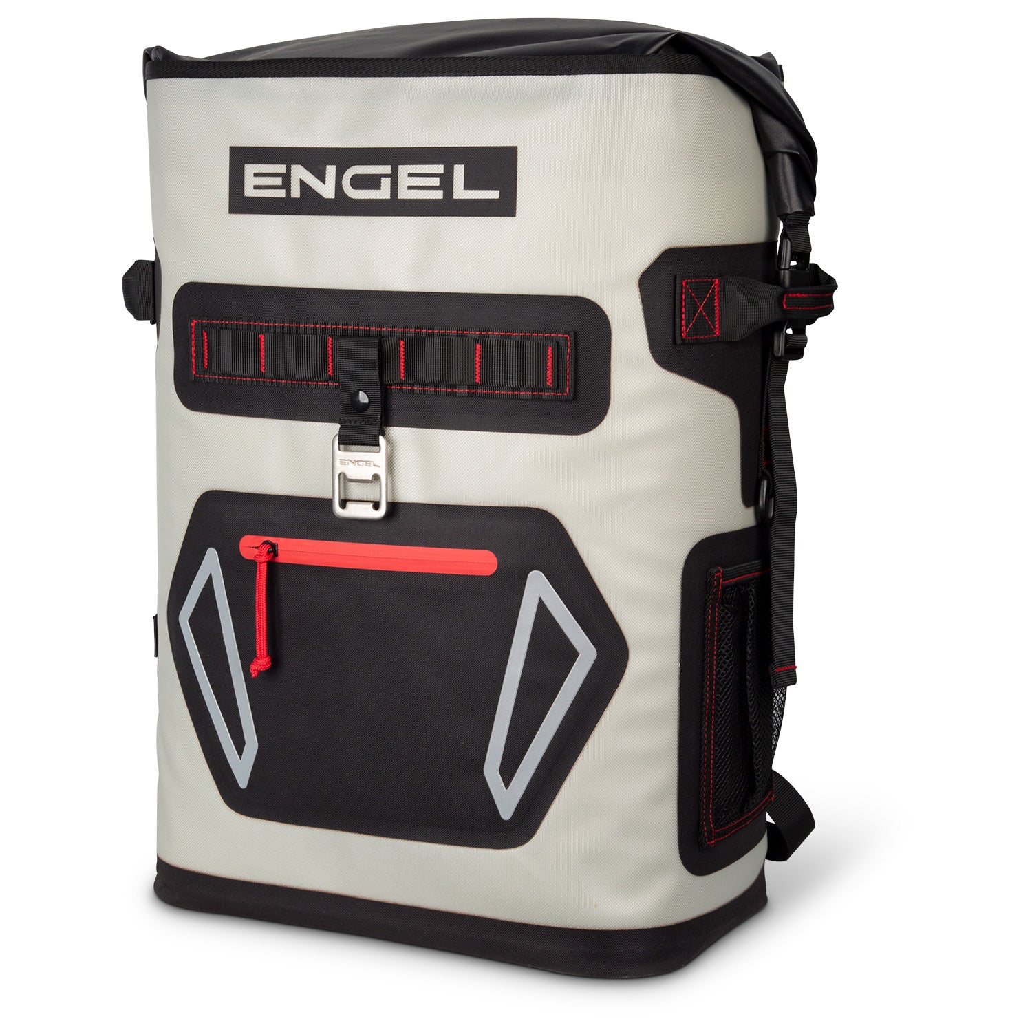 An Engel Coolers New Roll Top High Performance Backpack Cooler in gray and black with a red zipper and buckled front closure, featuring durable 840 denier fibers.