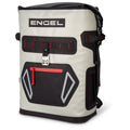 An Engel Coolers New Roll Top High Performance Backpack Cooler in gray and black with a red zipper and buckled front closure, featuring durable 840 denier fibers.
