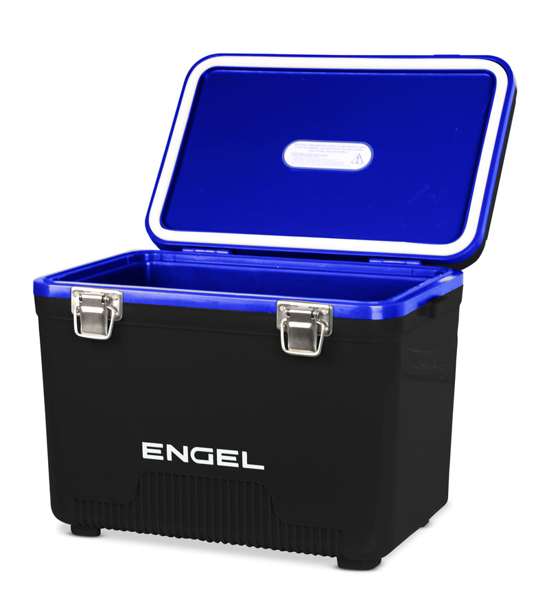 The Engel 7.5 Quart Drybox/Cooler, branded by Engel Coolers, is depicted in black and blue with a white logo. Displayed with its lid open to reveal an empty interior, it boasts a leak-proof design. Equipped with two metal latches on the front, it is ideal for kayak fishermen and hunters alike.