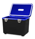 The Engel 13 Quart Drybox/Cooler by Engel Coolers is a portable ice cooler with a blue lid and black body, featuring two silver latches and an open top, perfect for kayak fishermen. It keeps food and drinks cold with its leak-proof air-tight drybox design.