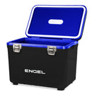 An Engel 19 Quart Drybox/Cooler by Engel Coolers in black with a blue lid open, revealing its insulated interior and airtight seal.