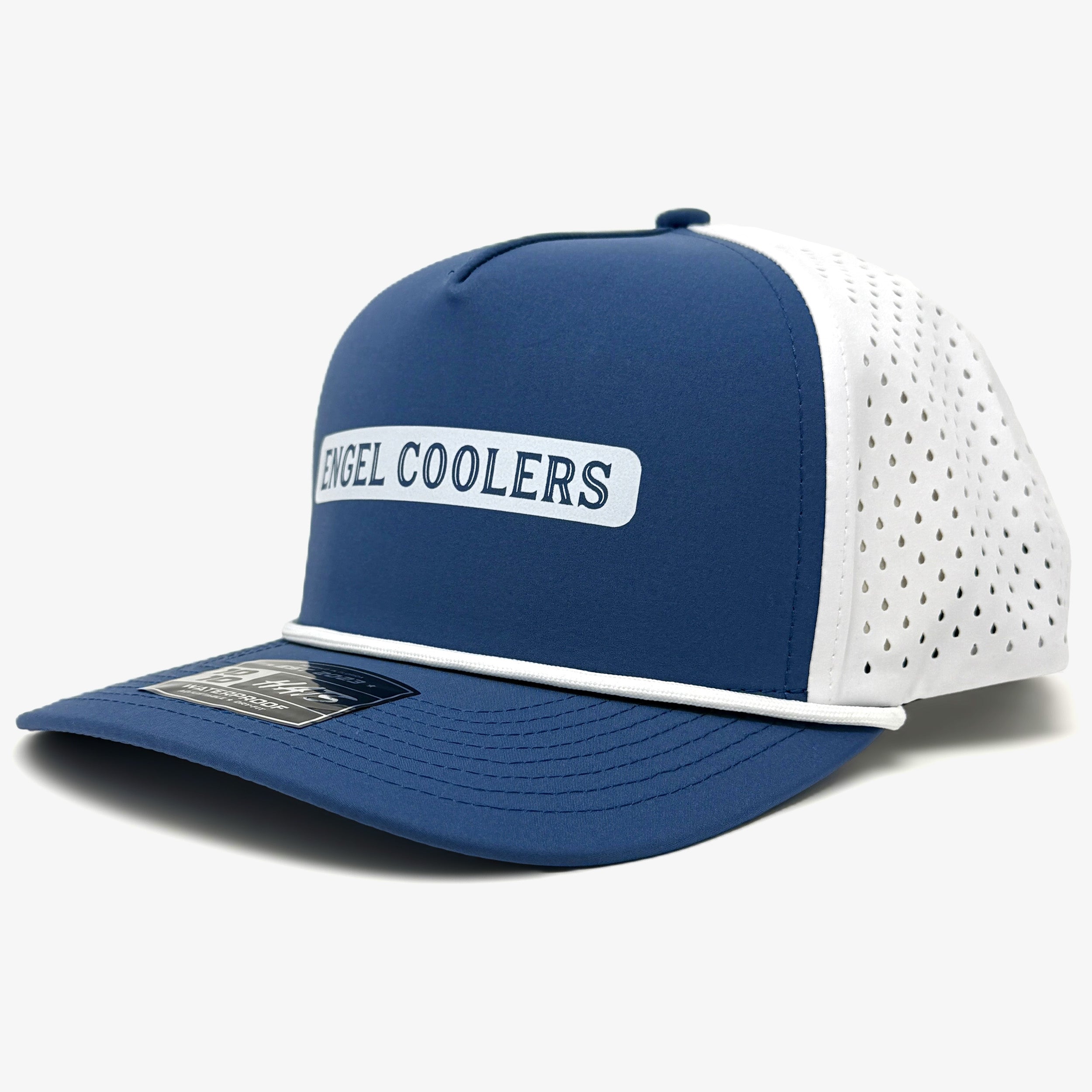 The Engel 1010 Performance Trucker Cap by Engel Coolers is a blue cap with a white logo, lightweight mesh back, and moisture-wicking design—perfect for any adventure.