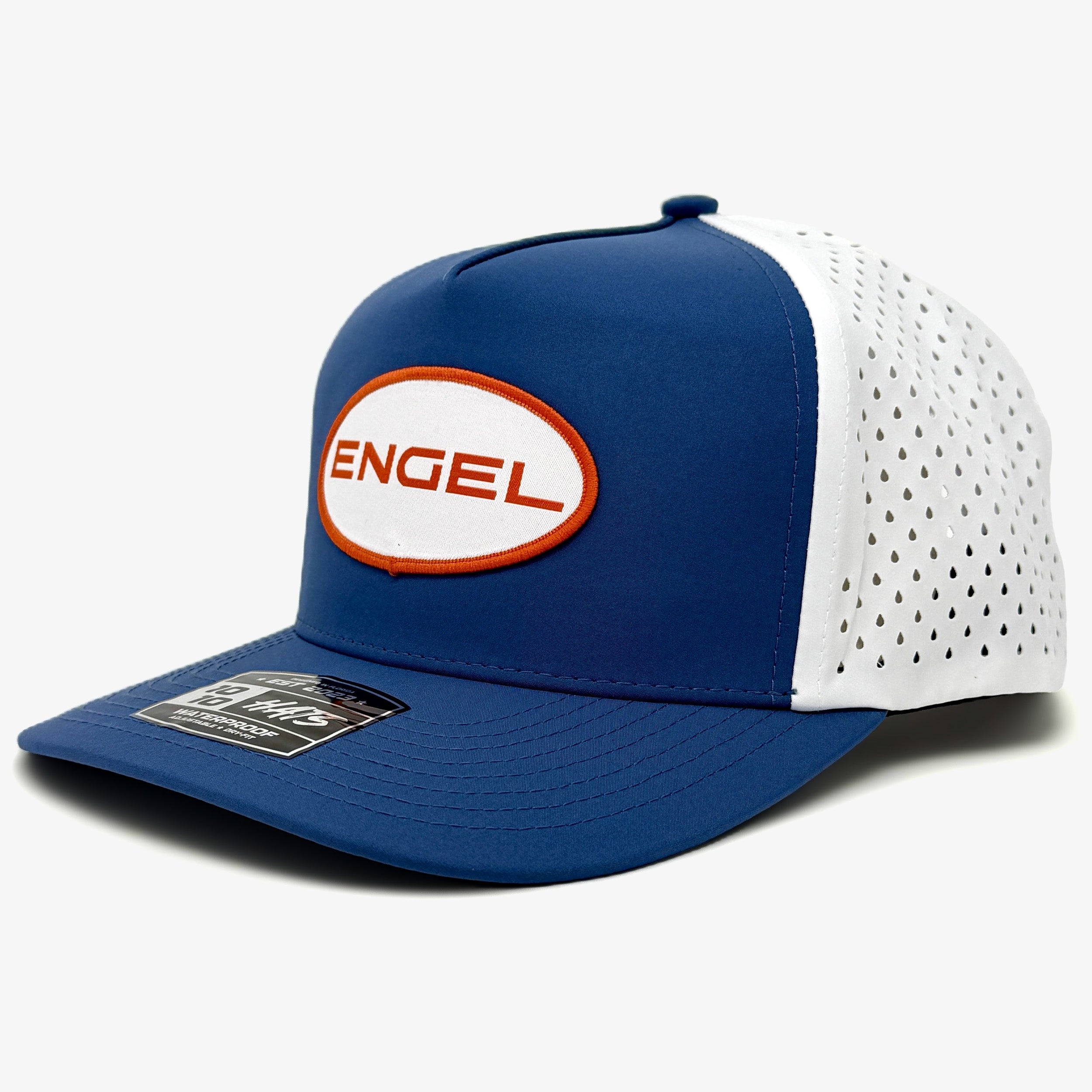 The Engel Coolers 1010 Performance Trucker Cap is a blue and white cap with a breathable mesh back and an "ENGEL" patch on the front.