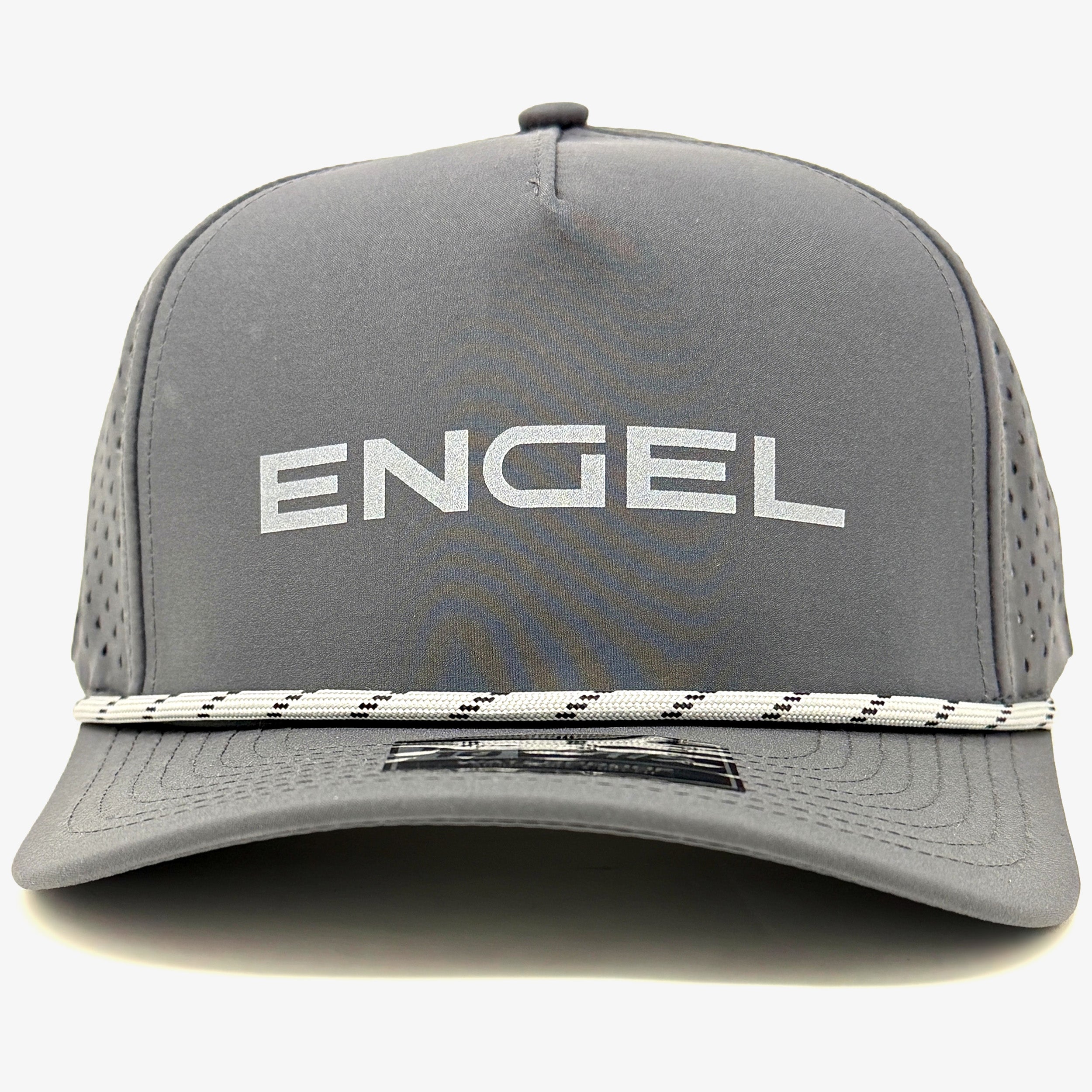 The Engel Coolers 1010 Performance Trucker Cap by Engel Coolers features a gray design, white "ENGEL" logo on the front, a white patterned rope on the brim, and moisture-wicking comfort.