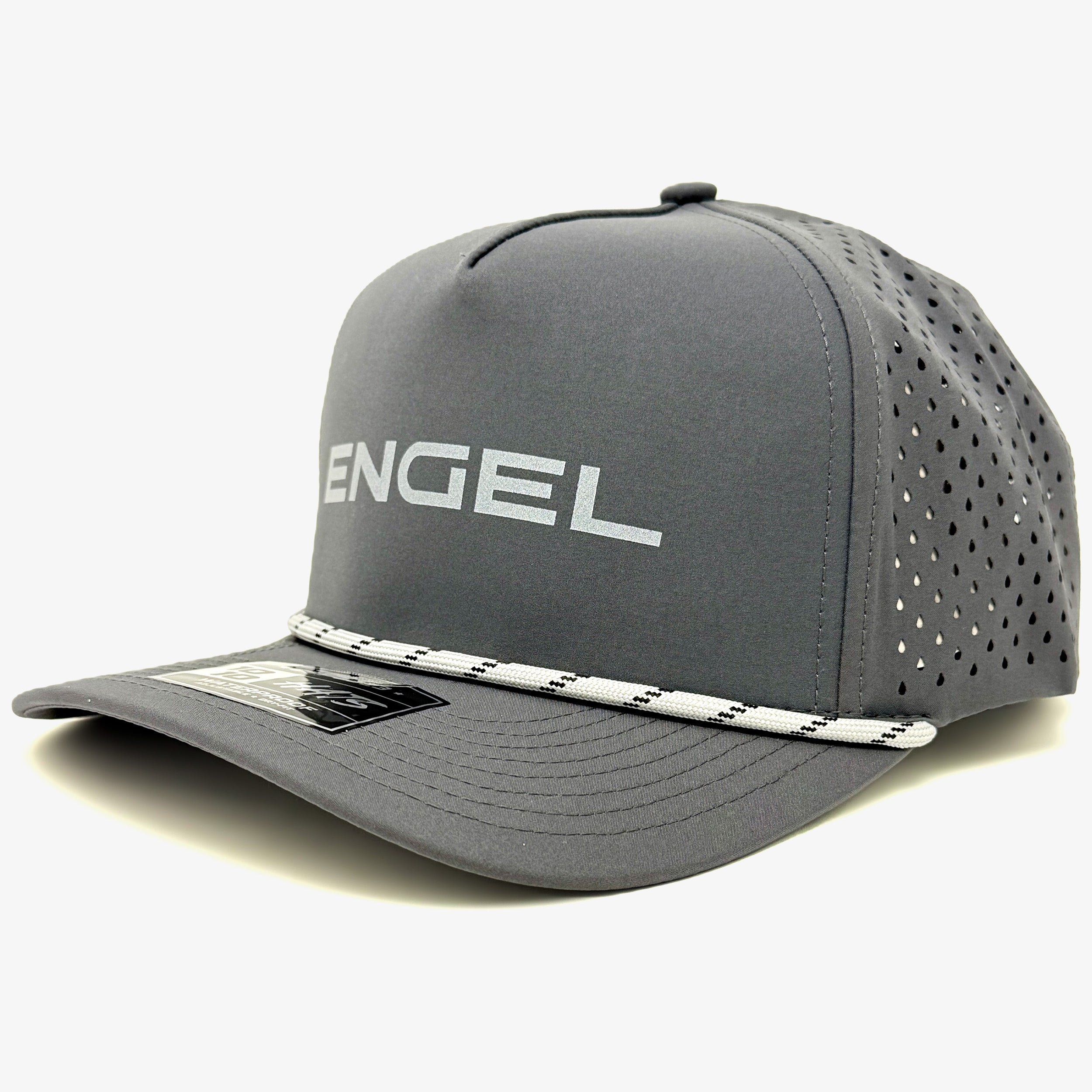 The Engel Coolers 1010 Performance Trucker Cap is a gray mesh hat with "ENGEL" on the front, a white and black rope on the brim, and perforated side panels for breathability to keep you cool.