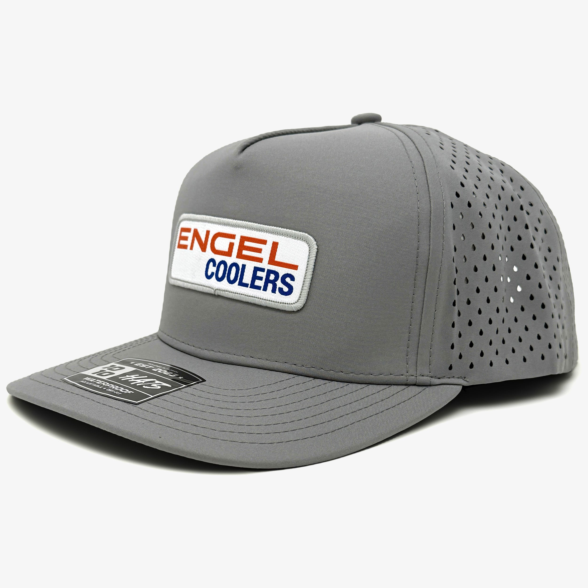 The Engel Coolers 1010 Performance Trucker Cap is a gray mesh hat with a flat brim and a front patch reading "ENGEL COOLERS" in red and blue. This cap combines style and comfort from the Engel Coolers Performance Caps collection.