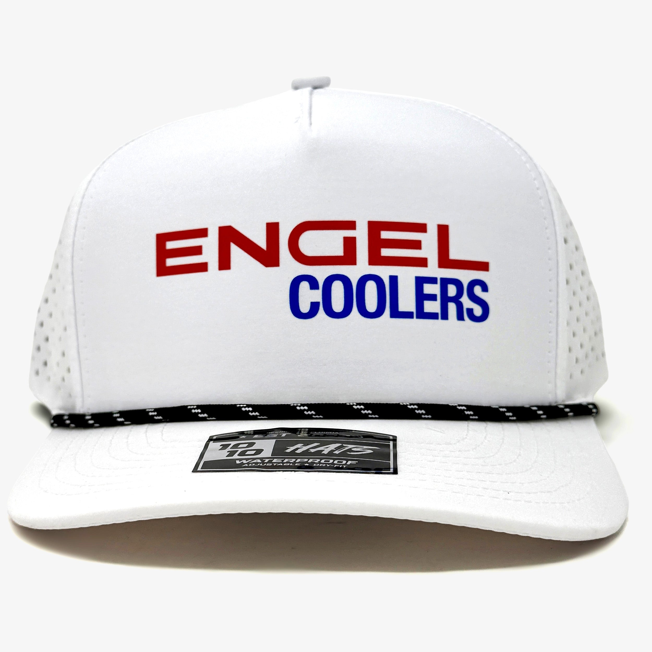 The Engel Coolers 1010 Performance Trucker Cap features a white breathable mesh, “ENGEL COOLERS” text in red and blue on the front, and a black and white band above the brim. Part of the Engel Coolers Performance Caps collection.